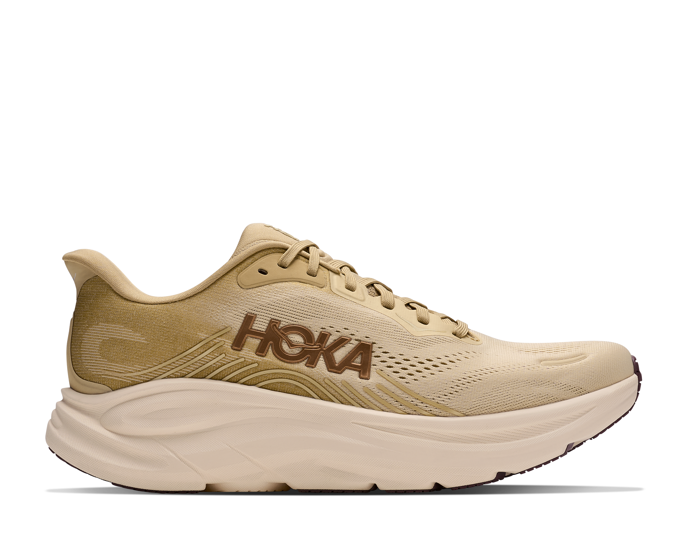 Beige running shoe with Hoka branding on a white background