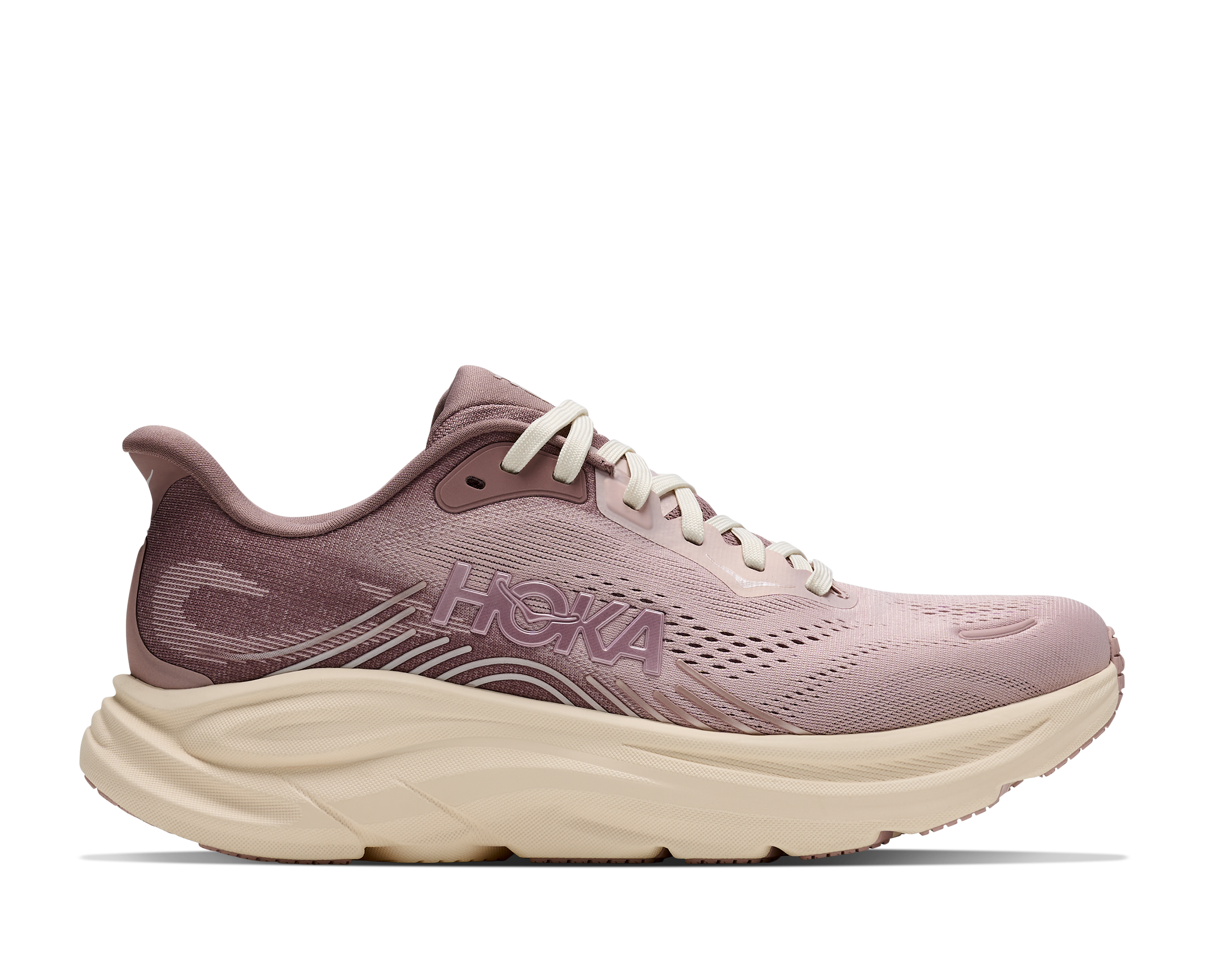 Purple running shoe with white sole on a white background