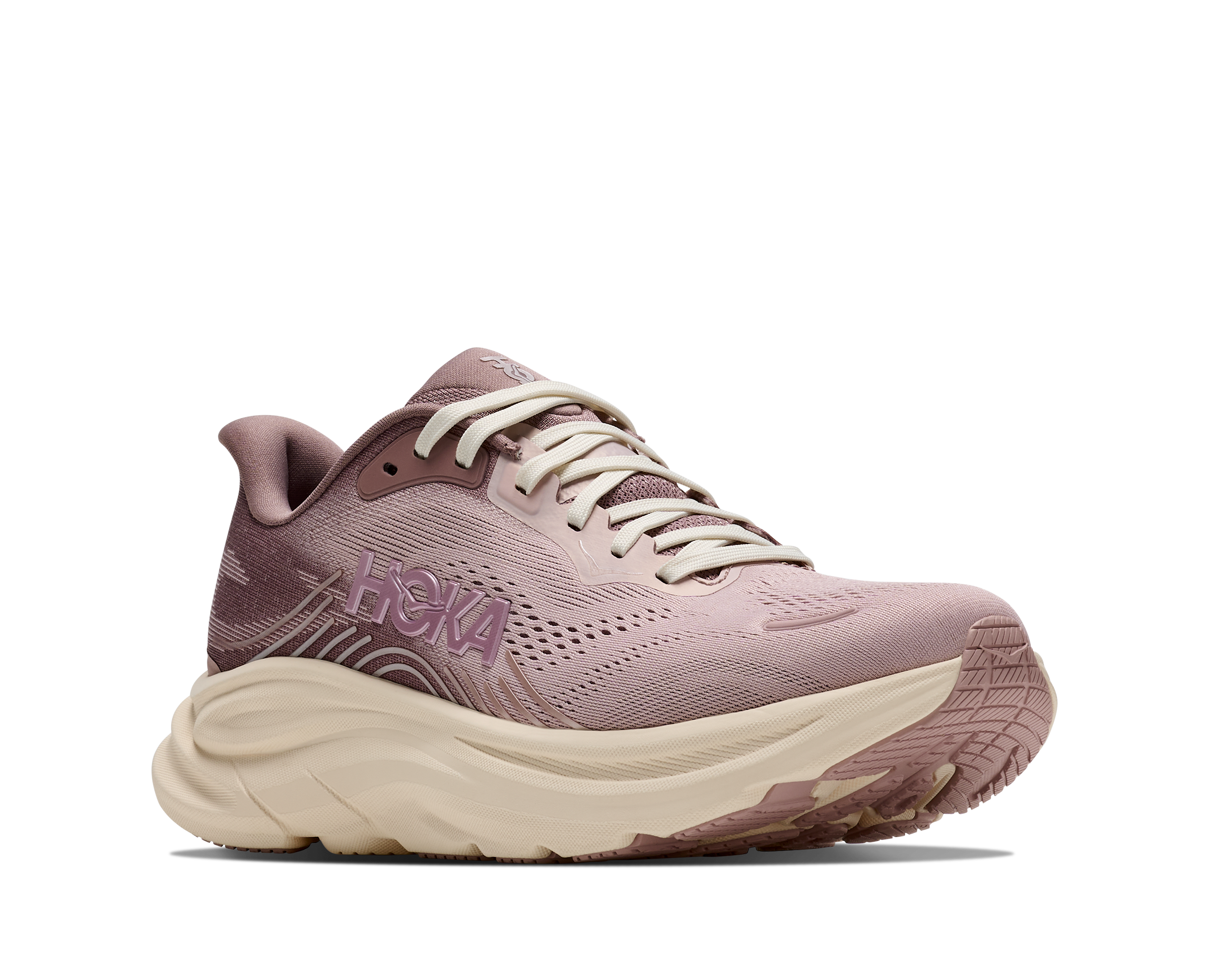 Pink running shoe with white sole on a white background