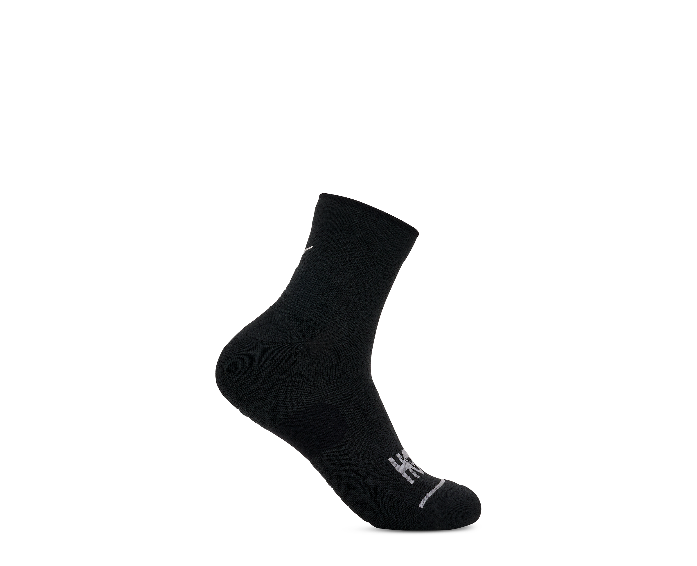 A single black athletic crew sock with white logo details, shown on a plain white background.