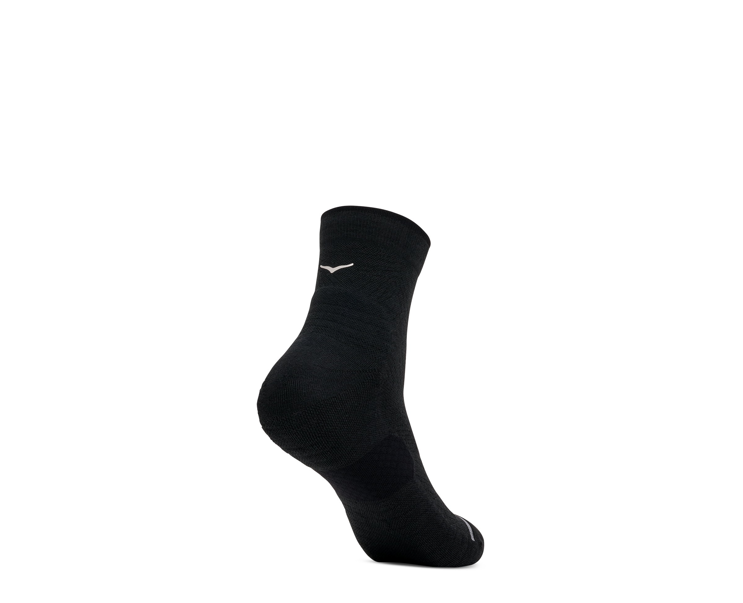 A single black athletic crew sock with a small white logo, shown on a plain white background.