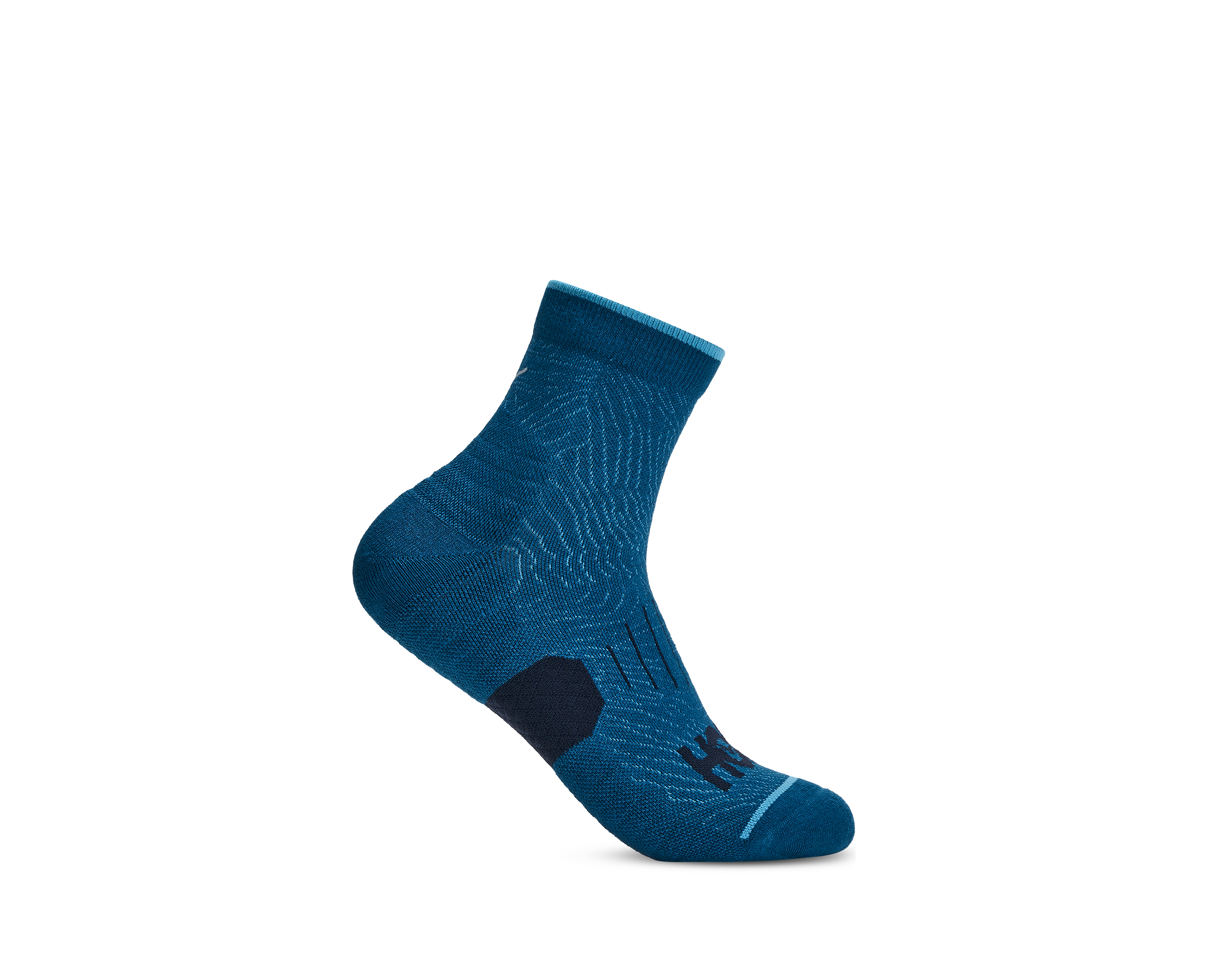A single mid-calf athletic sock in a deep teal blue color, featuring a textured wavy knit pattern, a dark navy heel support patch, and a light blue toe stripe, shown against a plain white background.