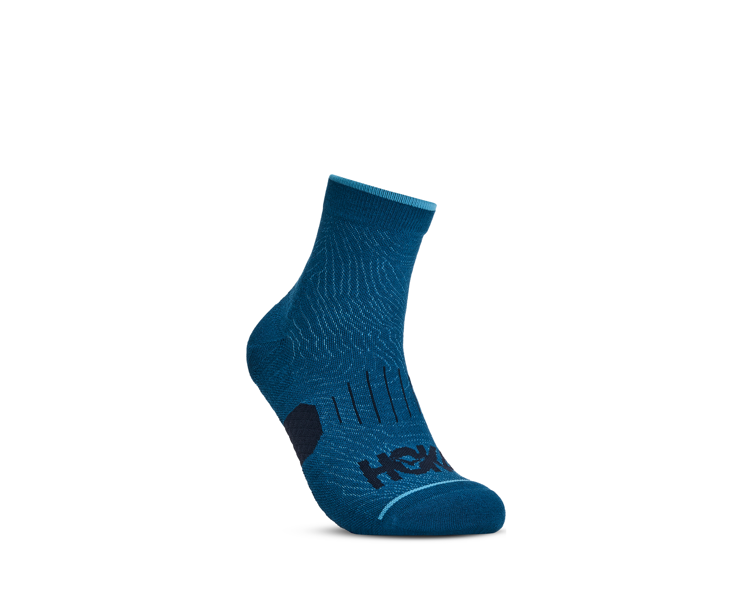 A single dark teal blue athletic sock with a textured knit pattern, black heel pad, and a visible 'hoka' logo on the foot, shown against a plain white background.