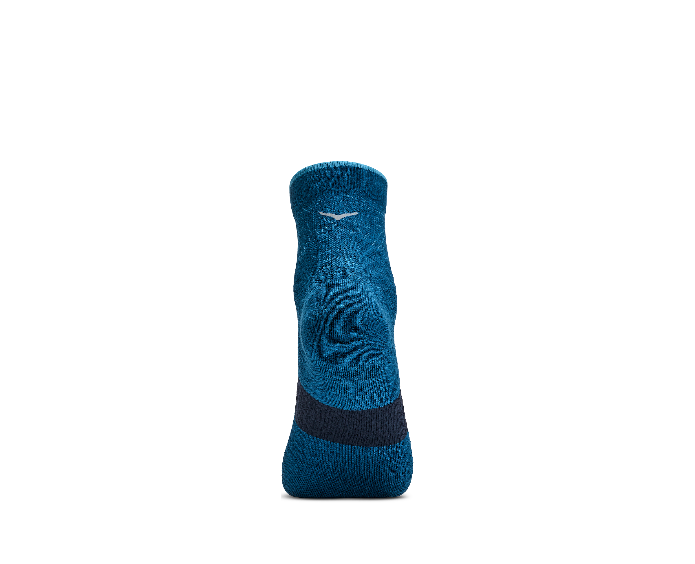 A single athletic ankle sock shown from the back, featuring a deep teal blue body with a contrasting dark navy heel band and a small white logo near the cuff, set against a solid white background.