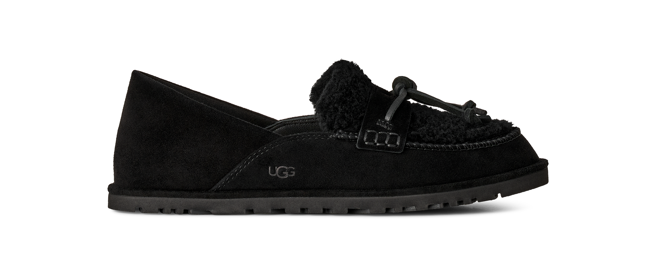A single black UGG slip-on shoe with a suede upper, black shearling lining, and a black sole, shown in profile against a white background.