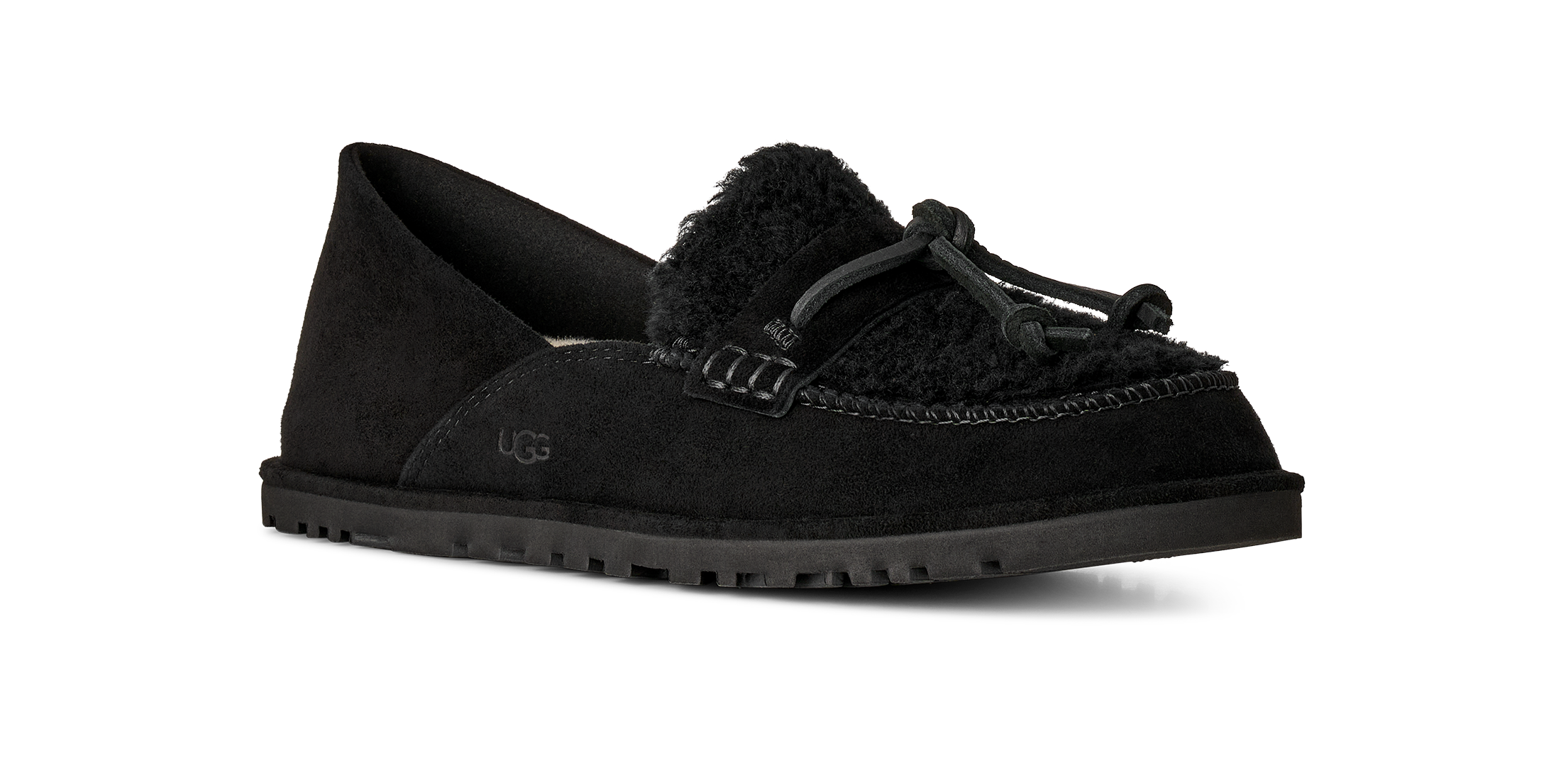 A single black UGG slip-on loafer with a suede upper, black shearling trim, and a black sole, shown against a plain white background.