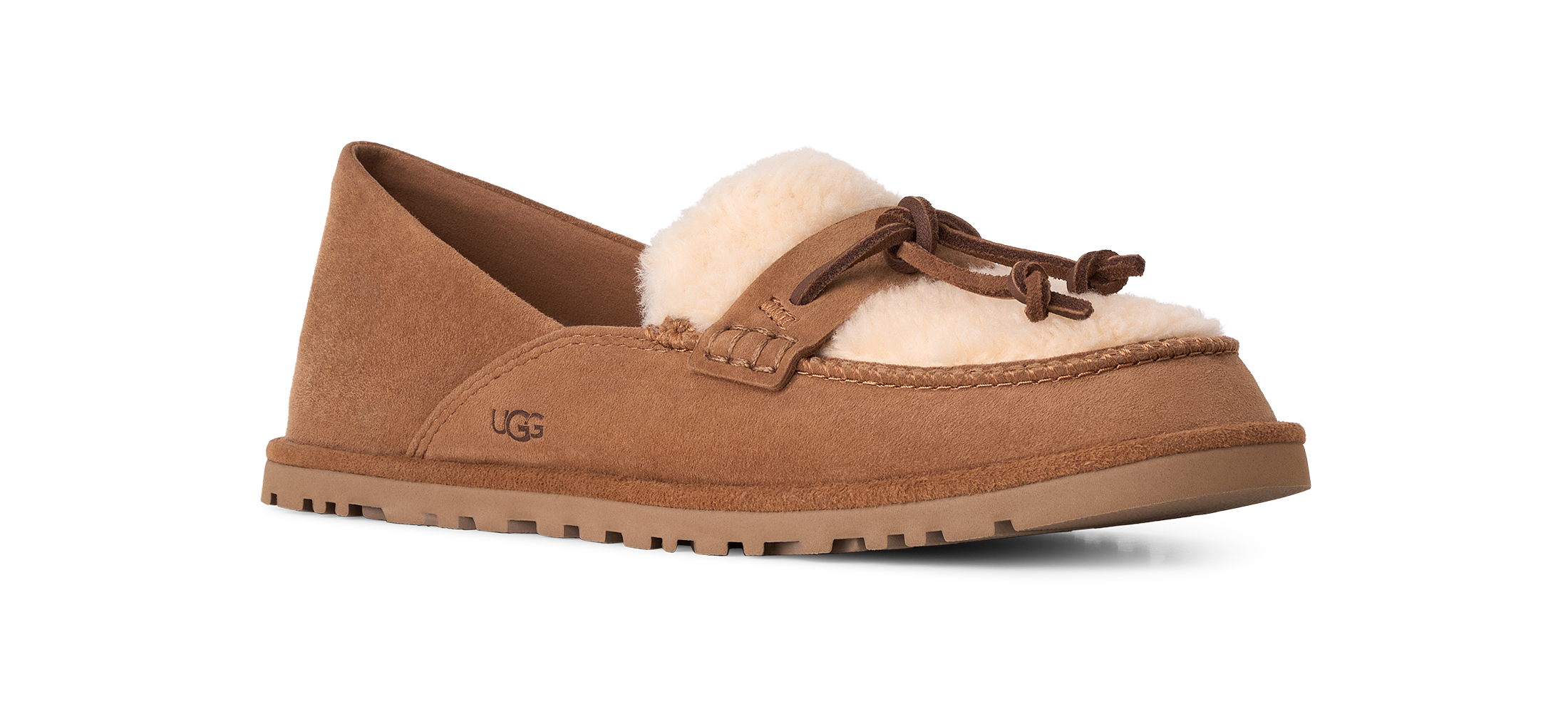 A single brown suede UGG slipper with a cream shearling lining and a matching brown leather drawstring, shown from a side profile on a white background.