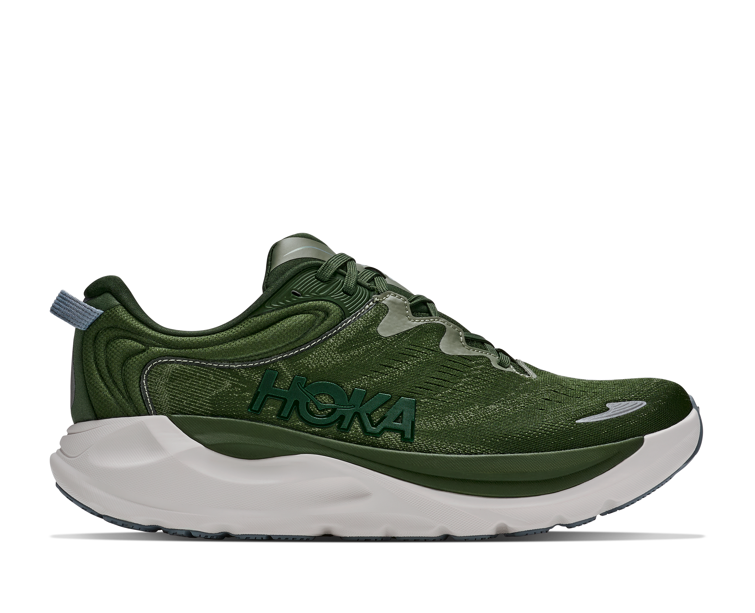 Green running shoe with white sole on a white background