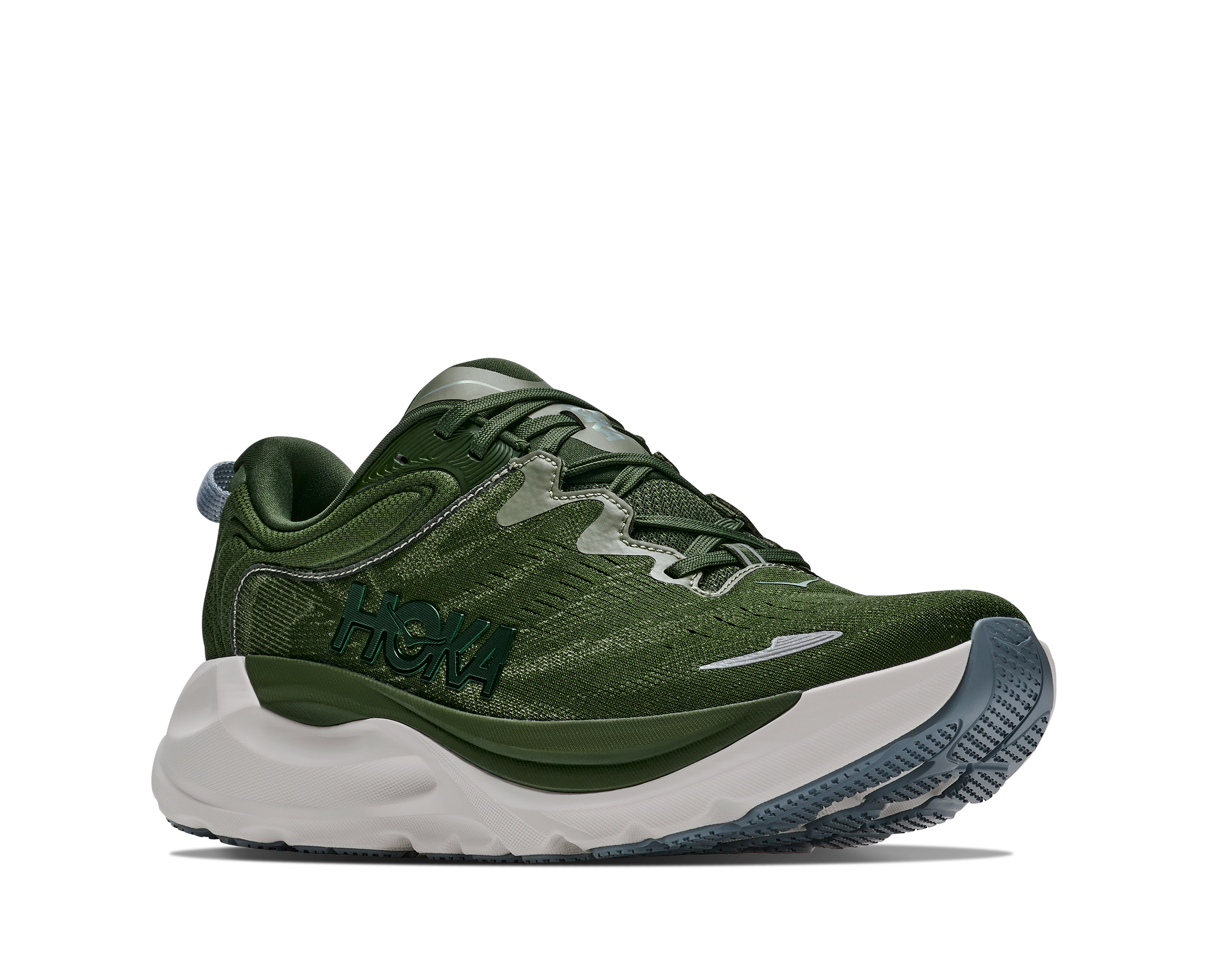 Green running shoe with white sole on a white background