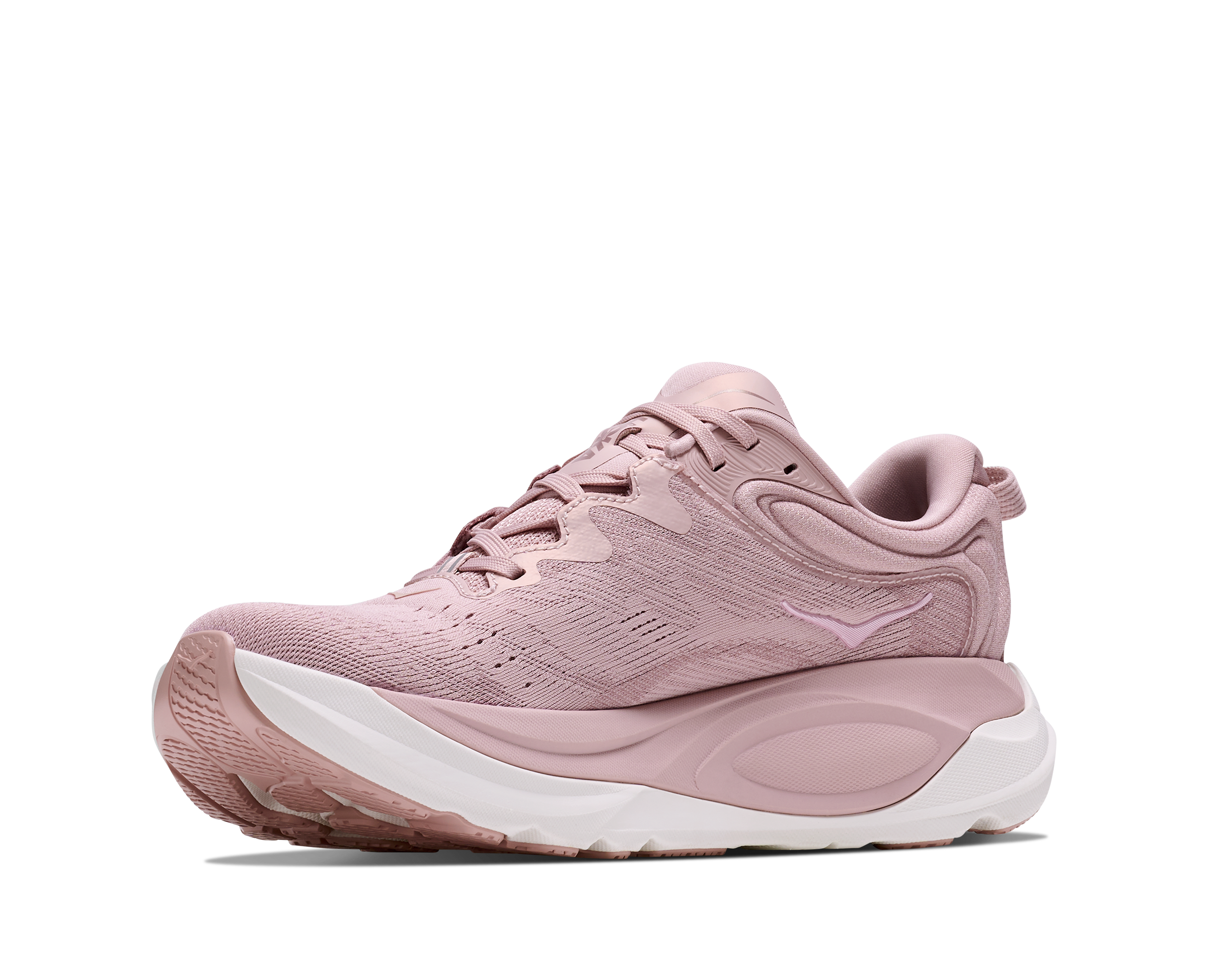 Pink running shoe with white sole on a white background