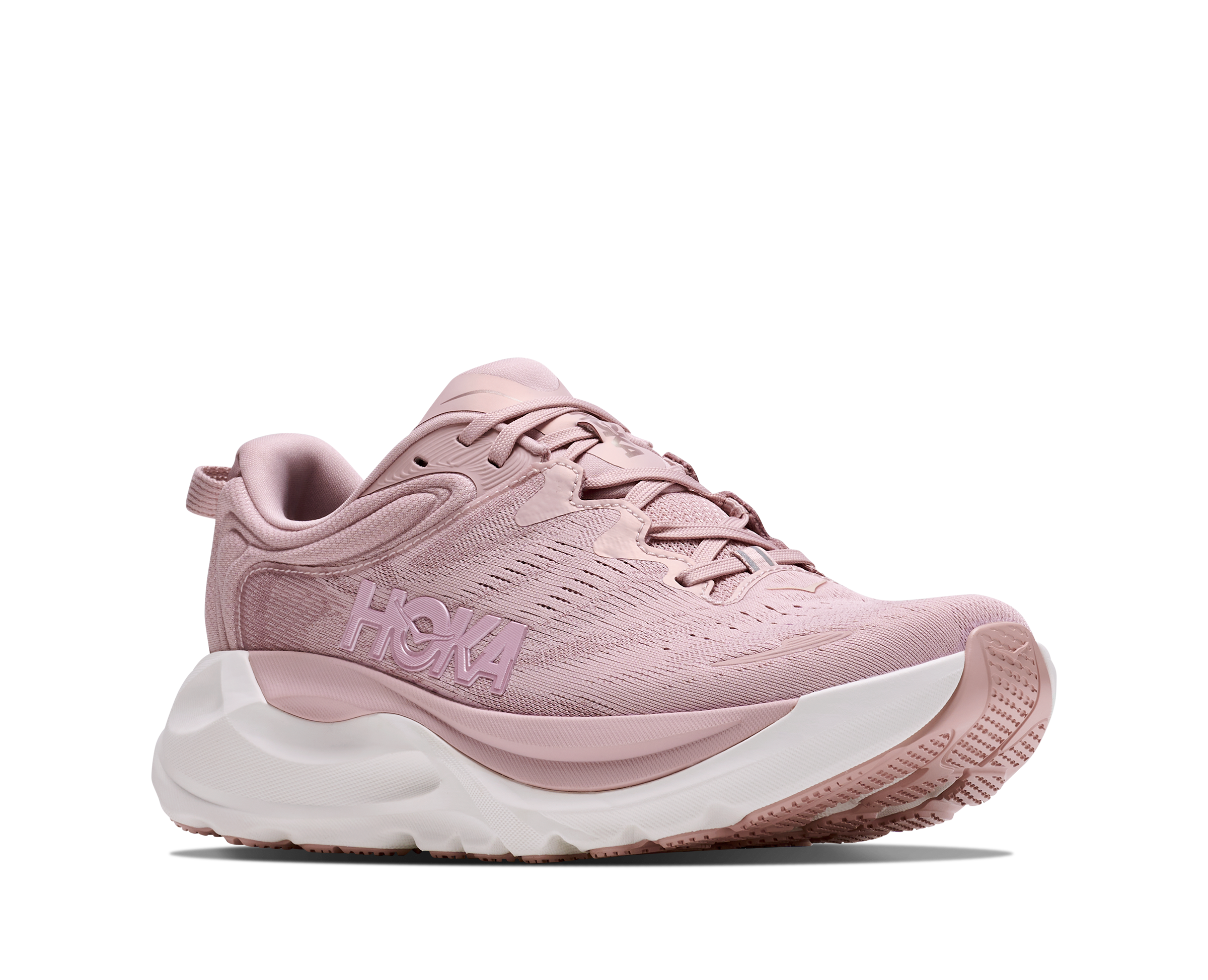 Pink running shoe with white sole on a white background