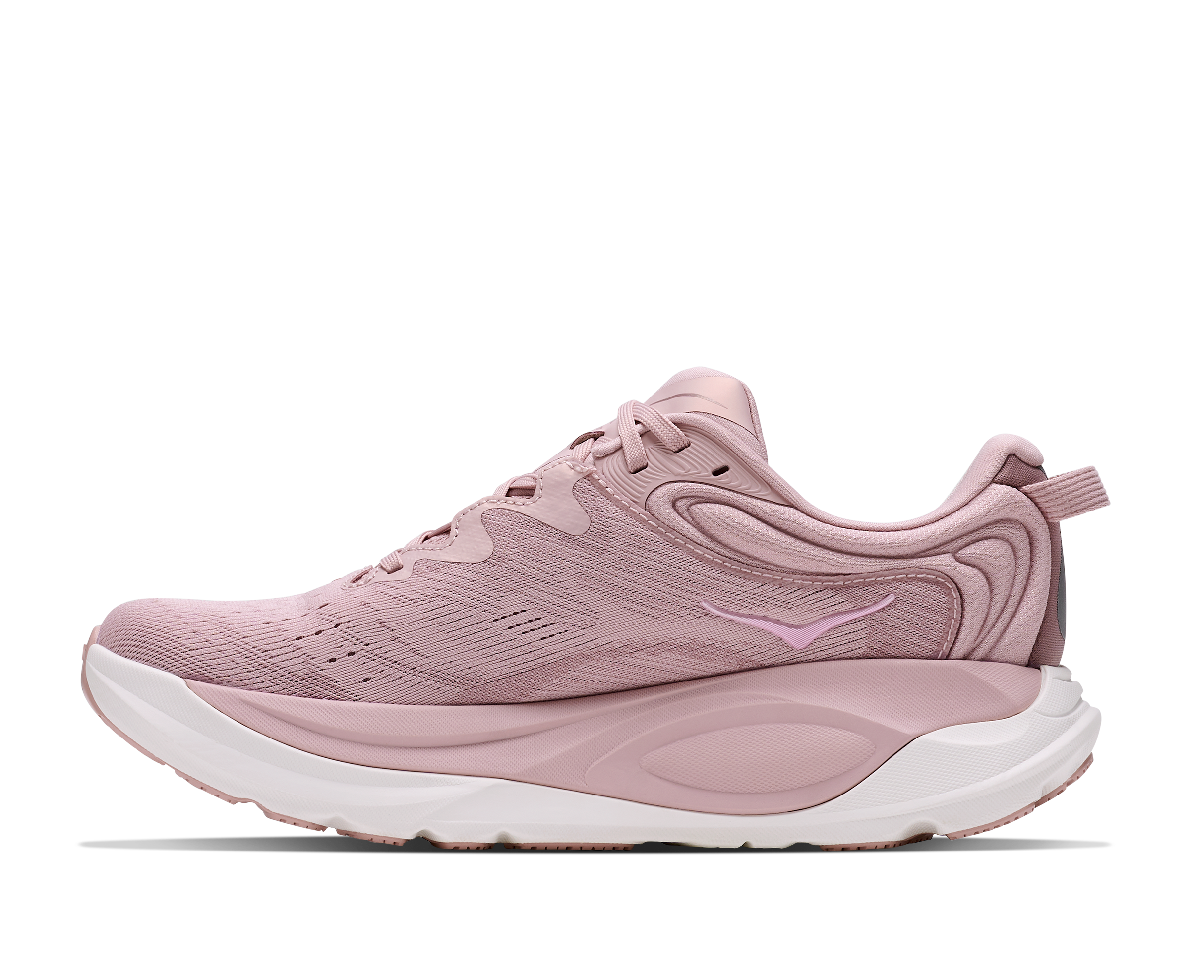 Pink running shoe with white sole on a white background