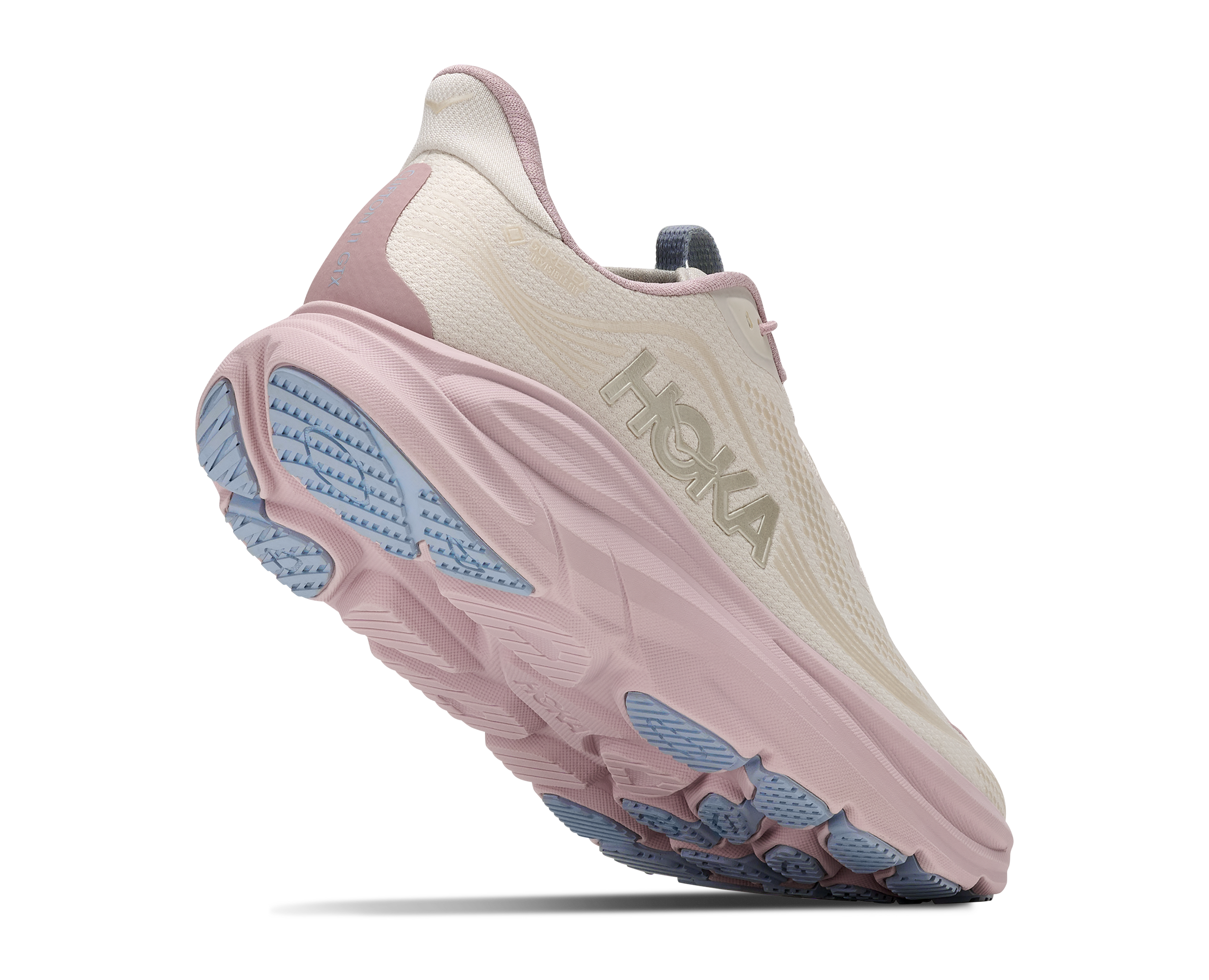 Pink running shoe with blue sole on a white background
