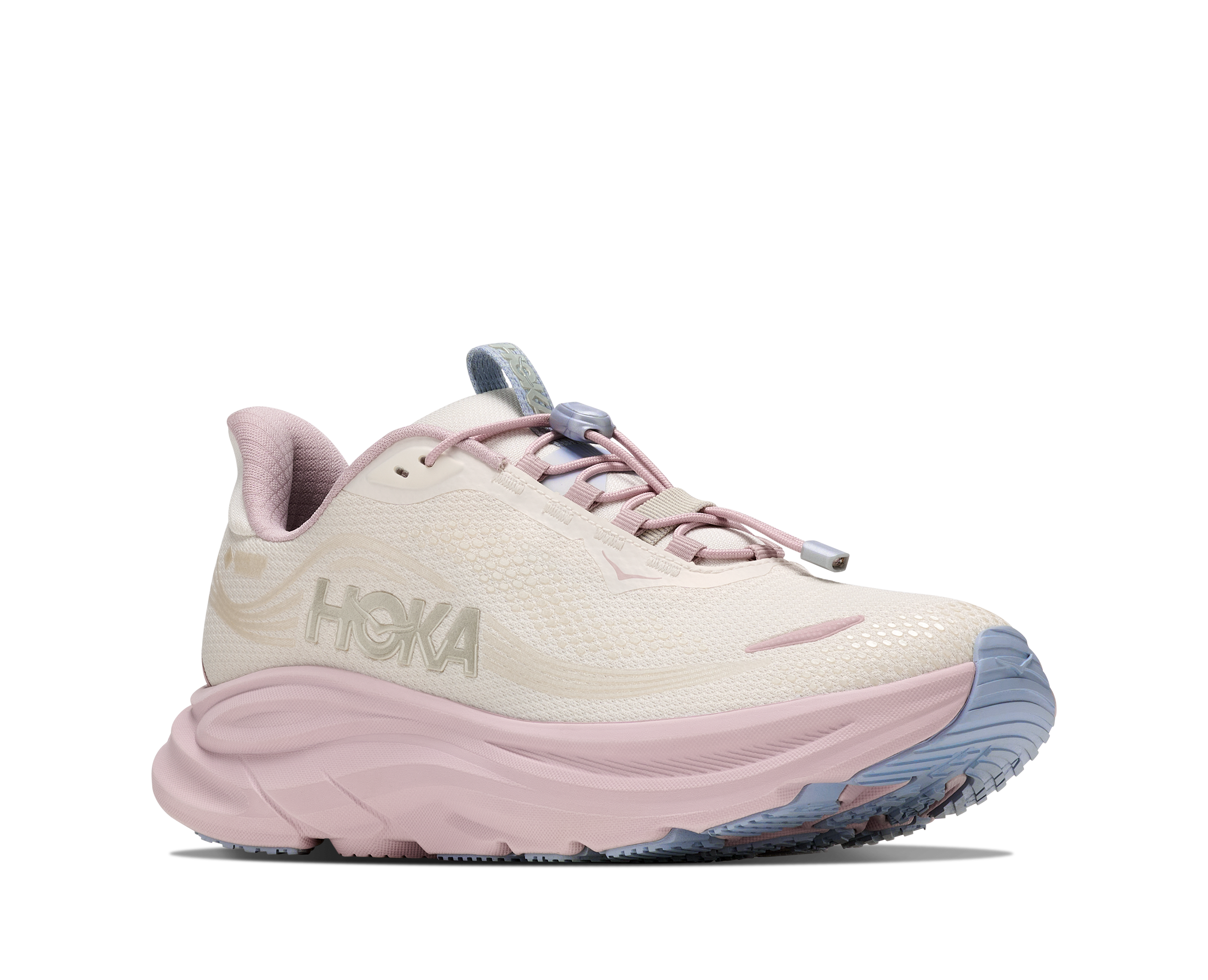Pink Hoka running shoe on a white background
