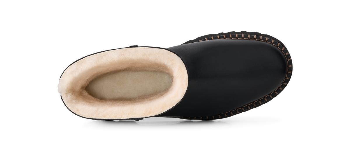 A top-down view of a black slip-on clog boot with a thick beige shearling lining and decorative stitching around the sole, shown on a white background.