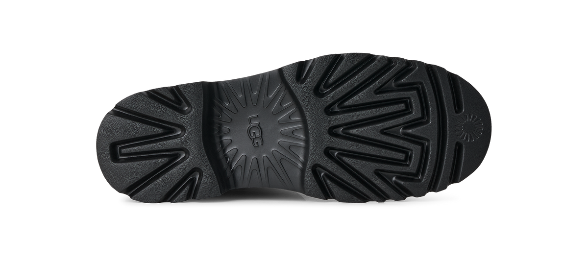 A close-up, top-down view of a black rubber shoe sole, showing the tread pattern and embossed UGG logos on the center and heel, set against a plain white background.