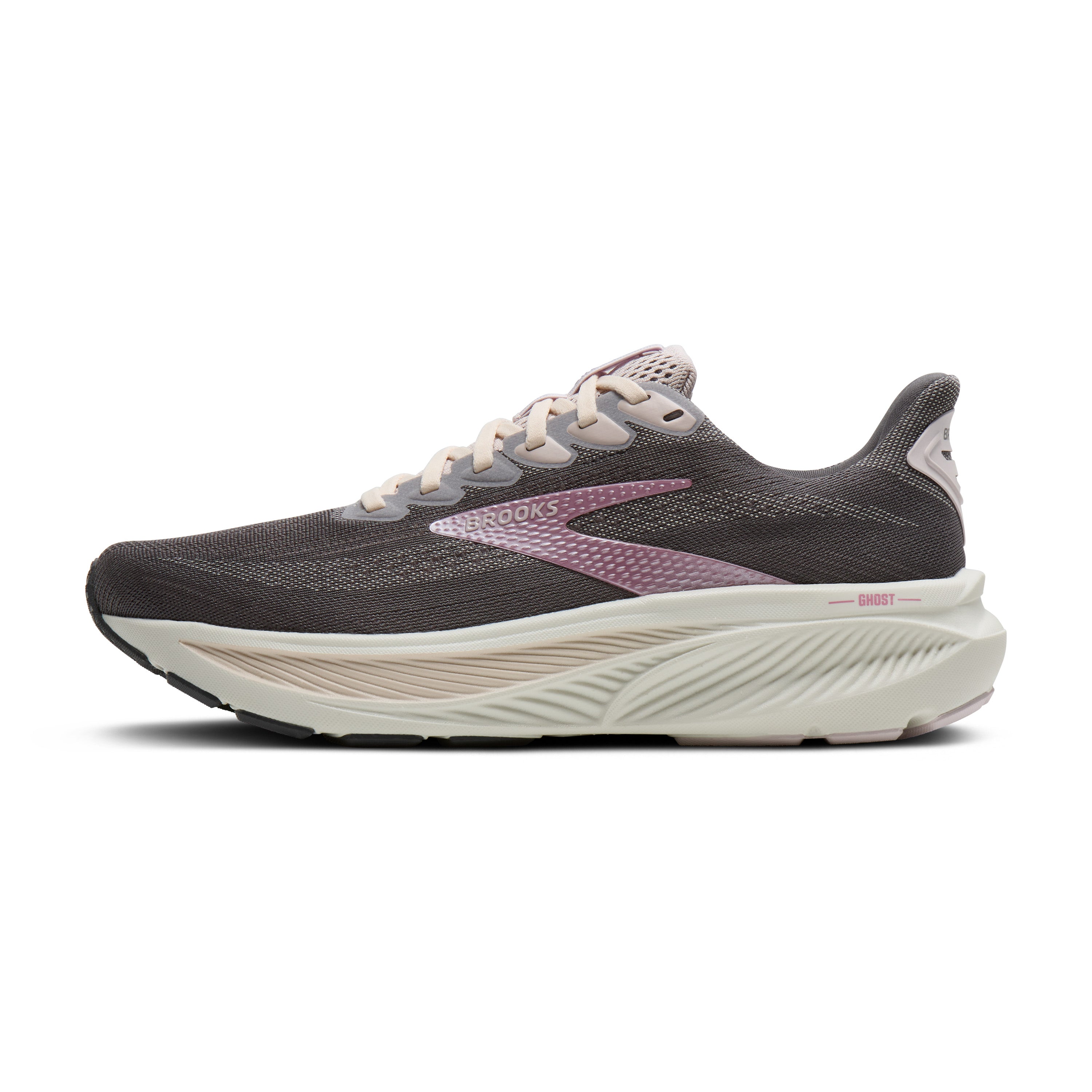 Gray running shoe with pink accents on a white background
