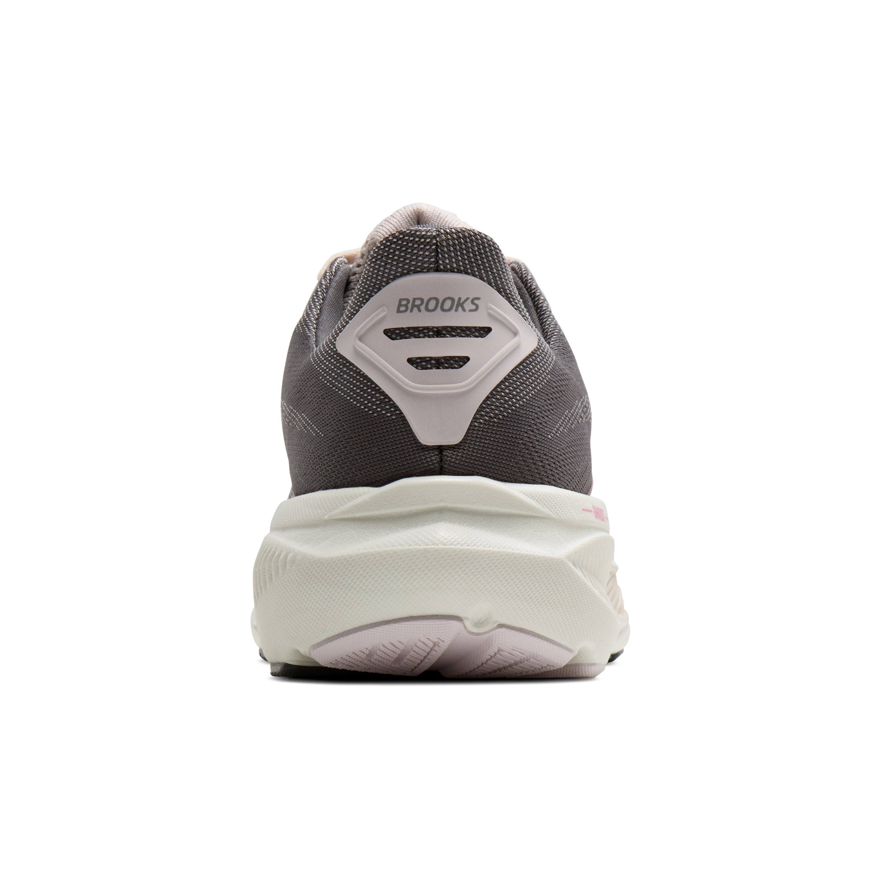 Gray running shoe with white sole on a white background