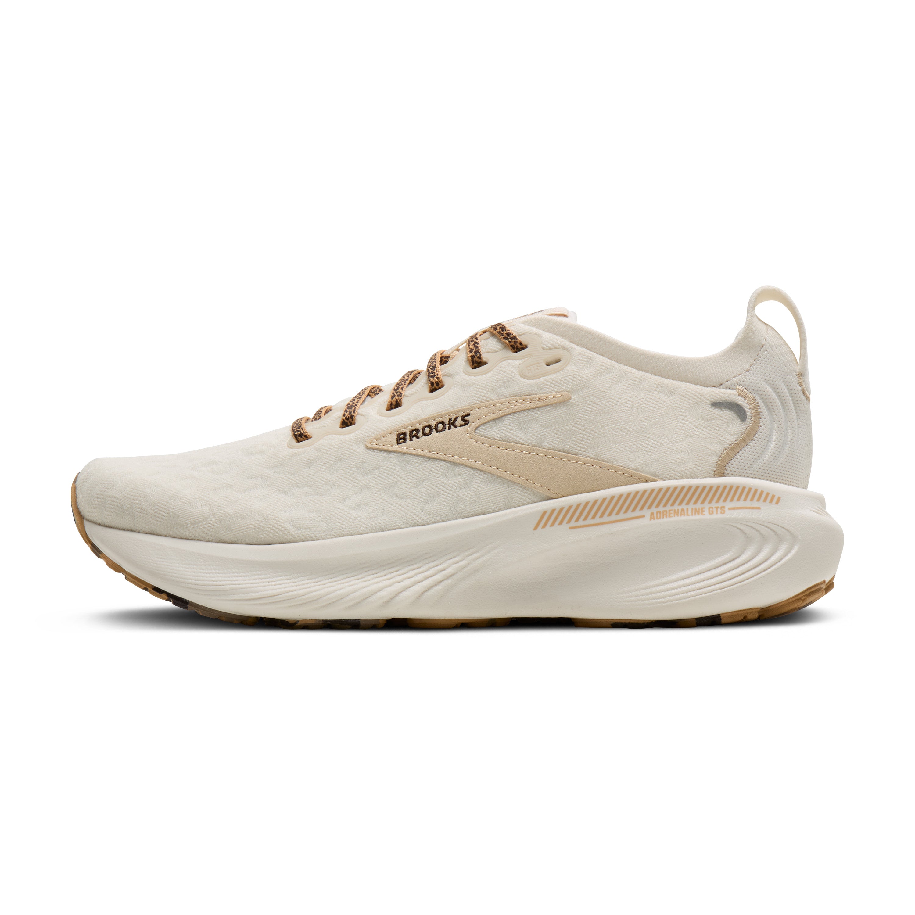 White running shoe with brown accents on a white background