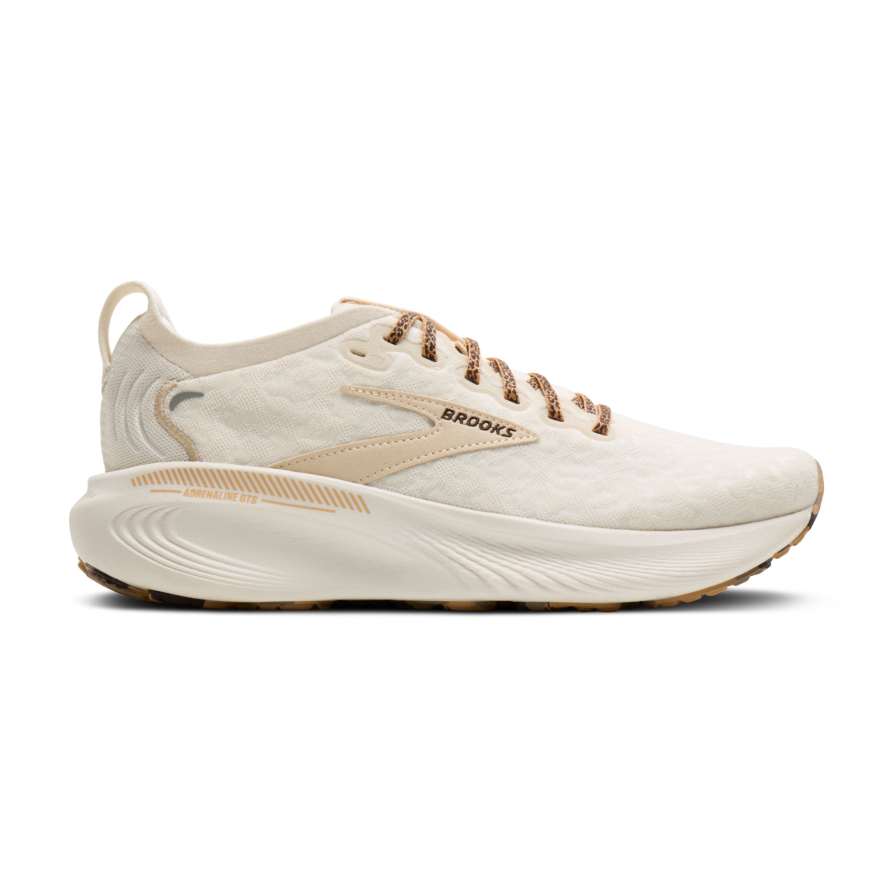 White running shoe with brown accents on a white background