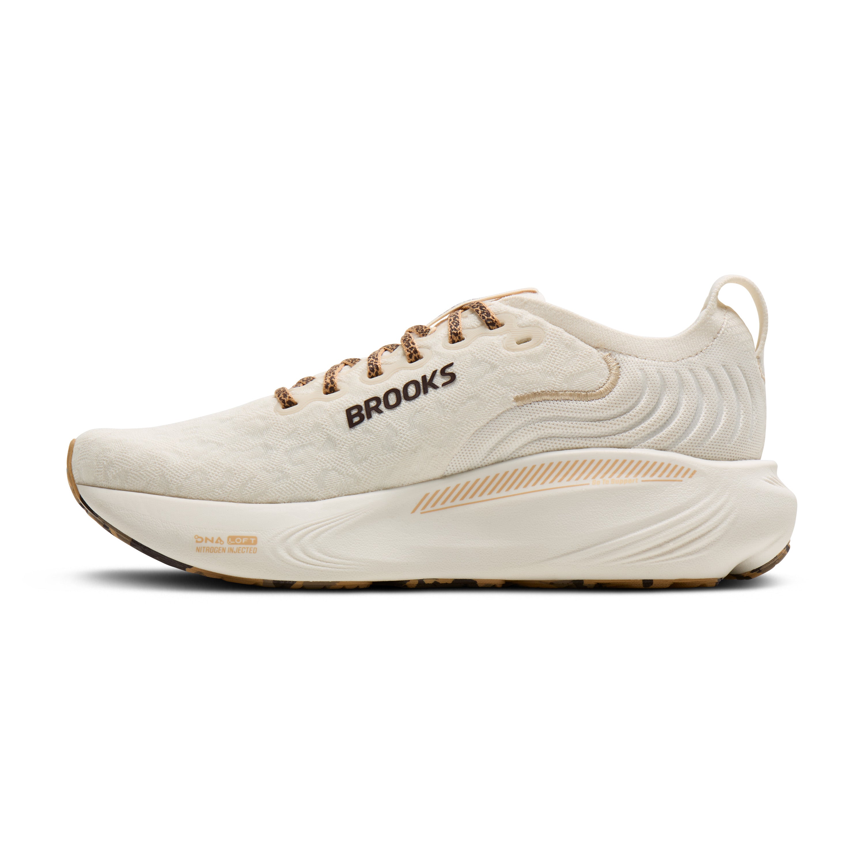 White running shoe with 'Brooks' branding on a white background