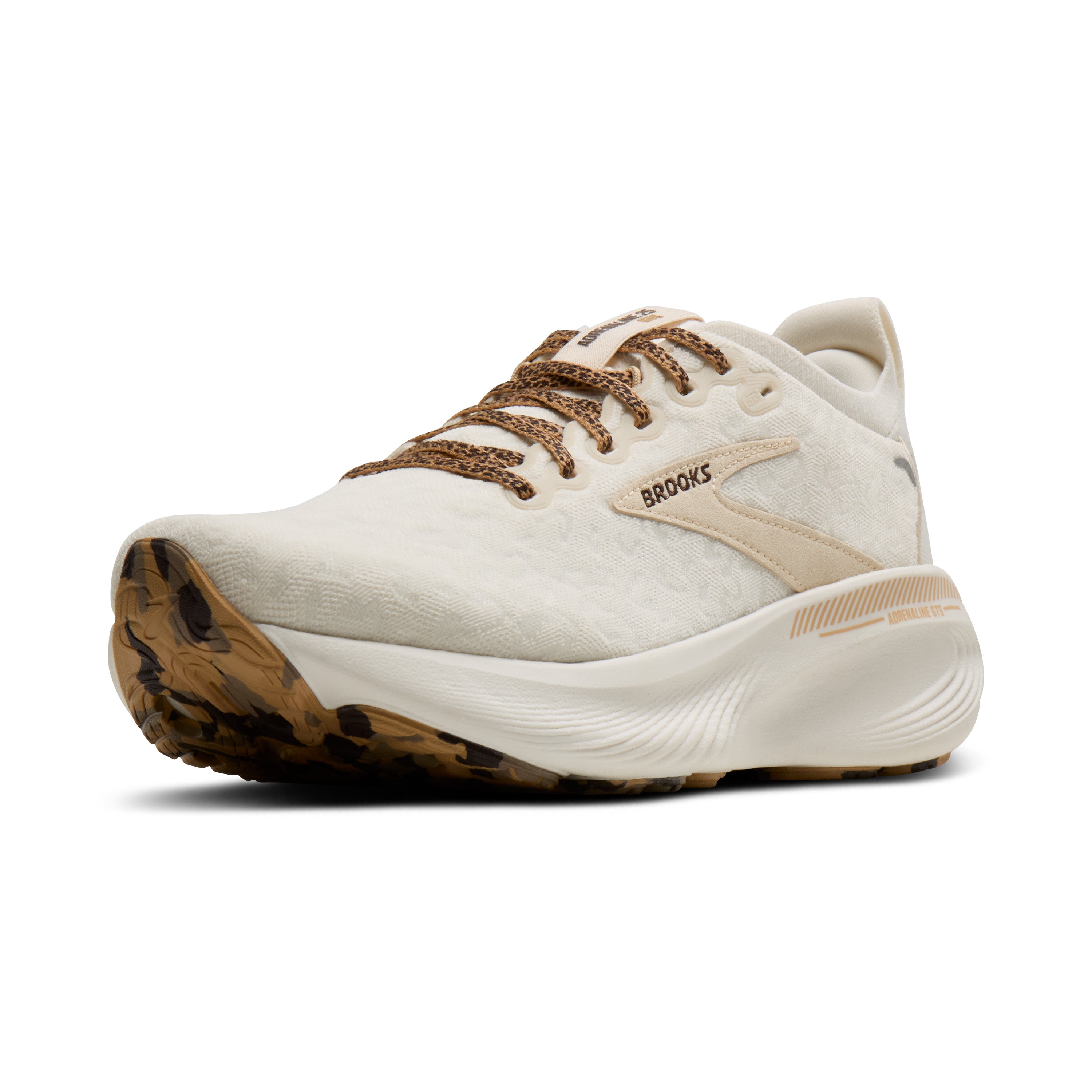 White running shoe with brown laces and sole on a white background