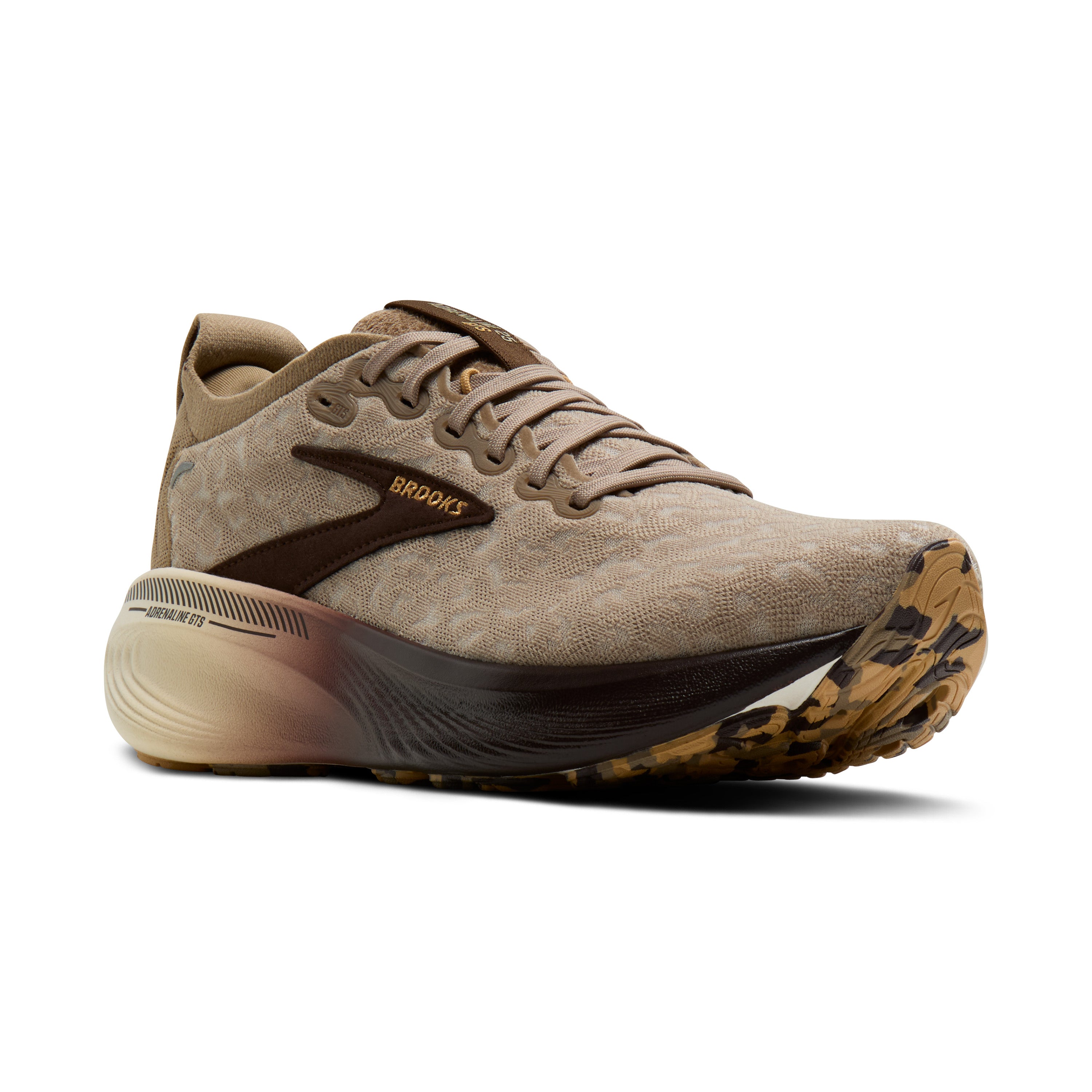 Brown running shoe with visible brand logo on a white background