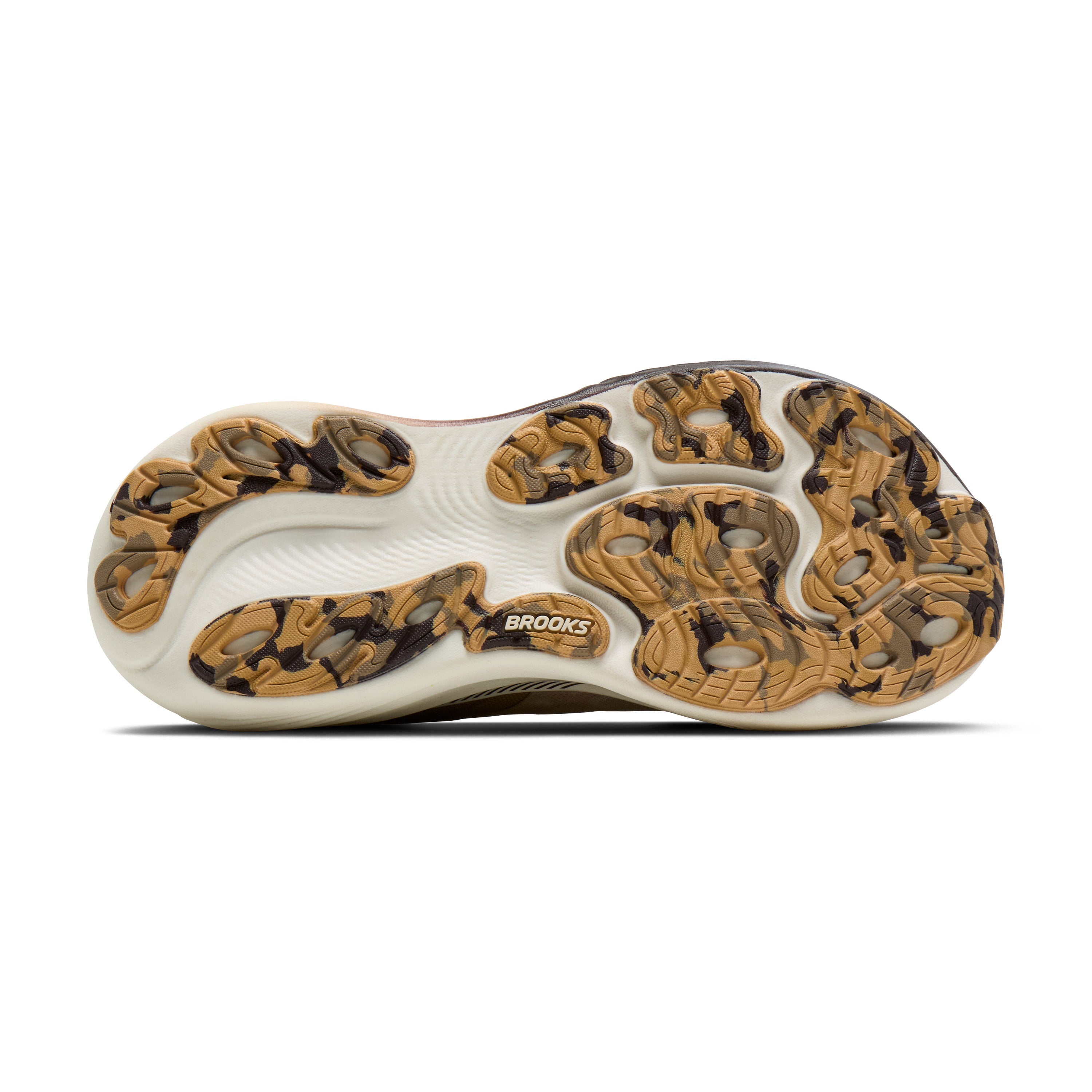 Close-up of a shoe sole with textured pattern and 'Brooks' branding on a white background