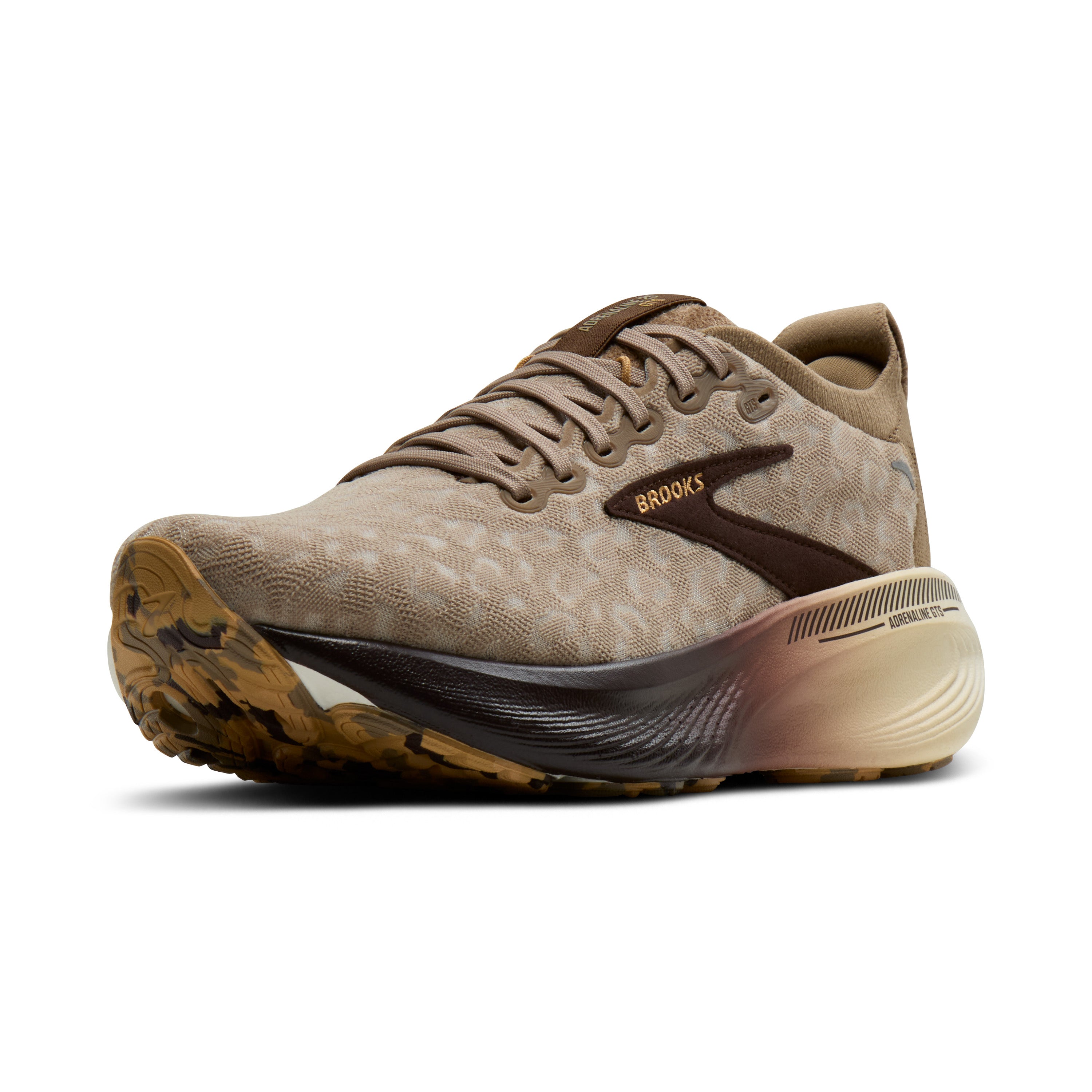 Brown running shoe with visible brand name on a white background