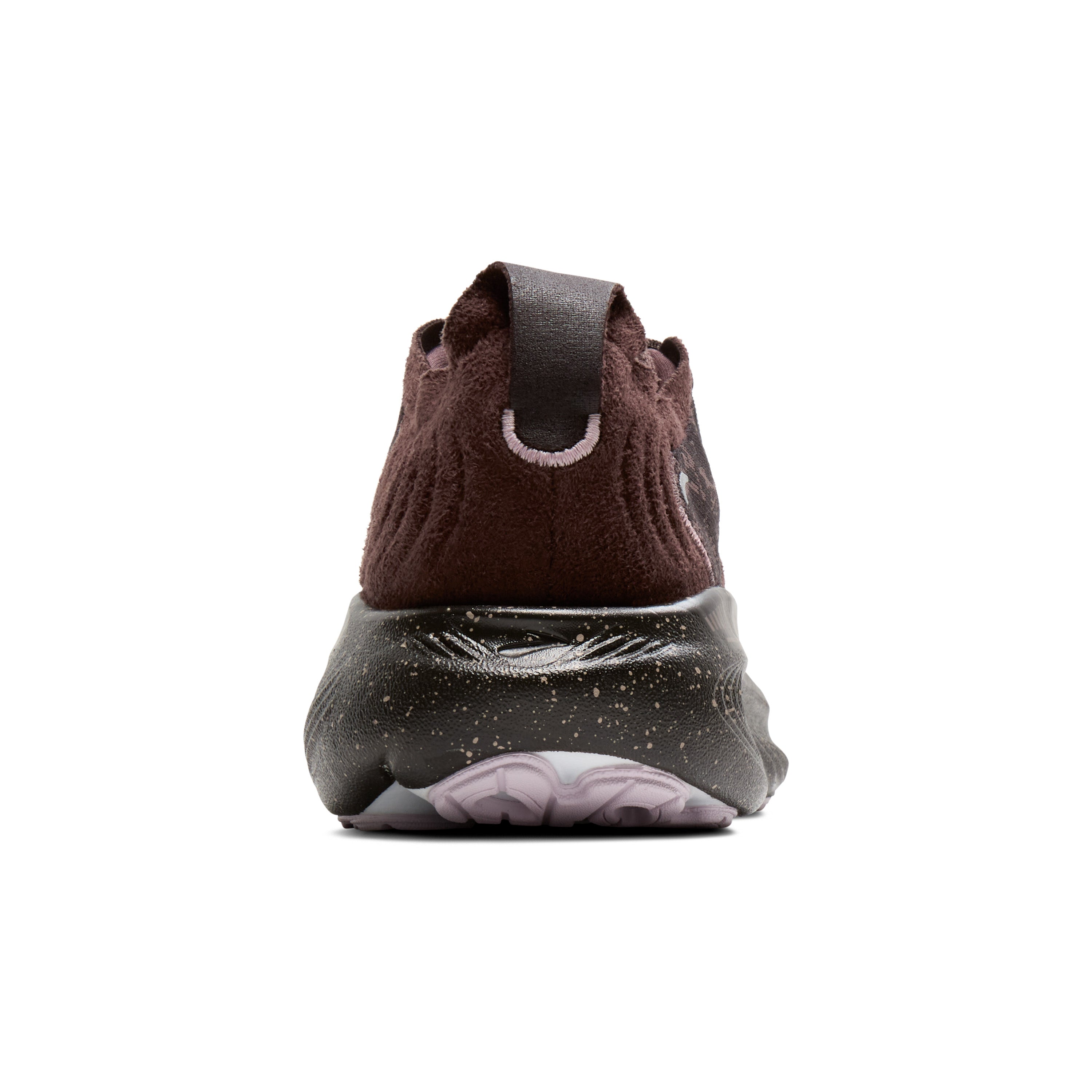 Back view of a brown and black sneaker on a white background