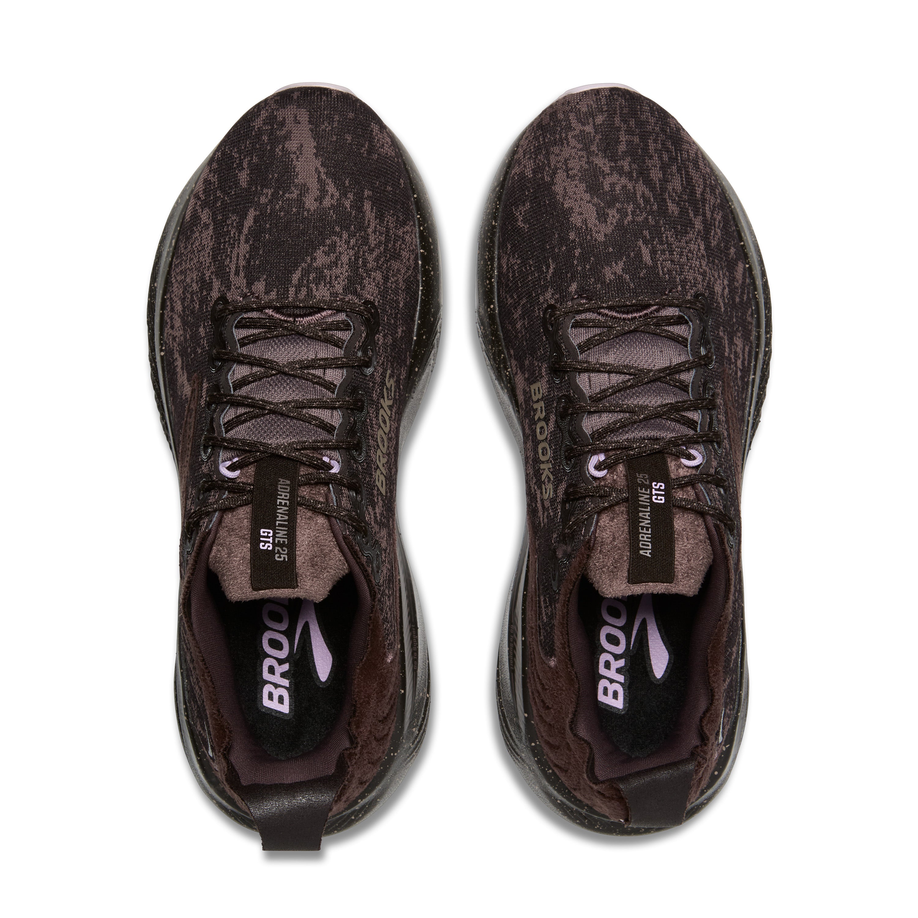 Pair of brown running shoes with visible 'Brooks' branding on a white background
