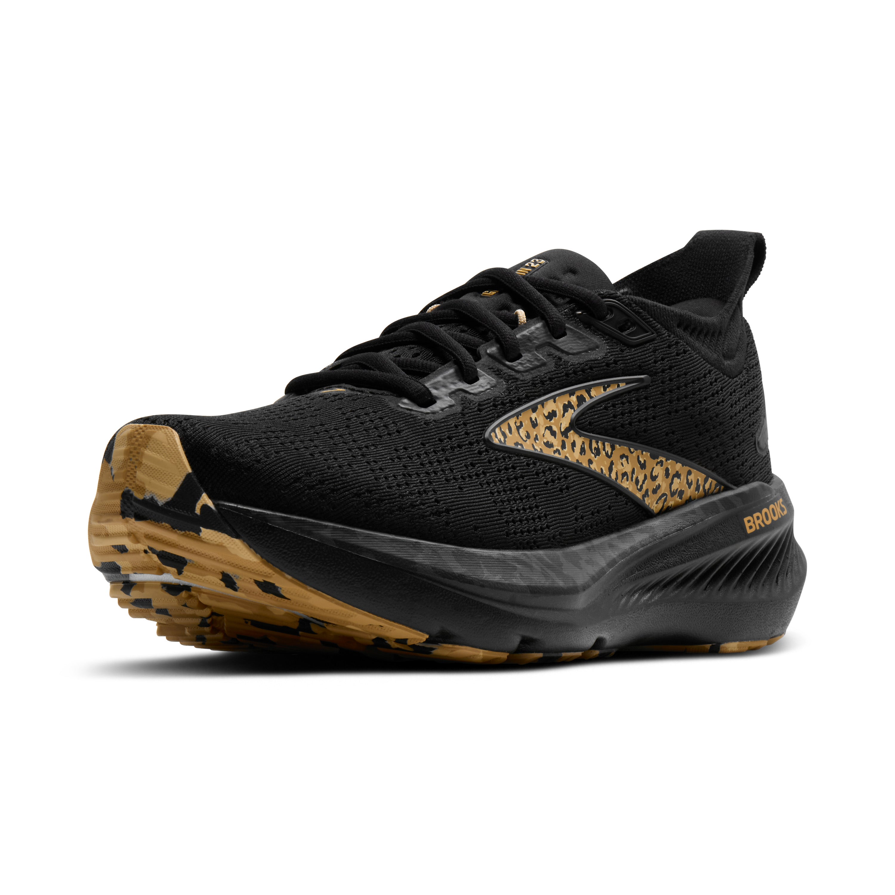 Black running shoe with leopard print accents on a white background