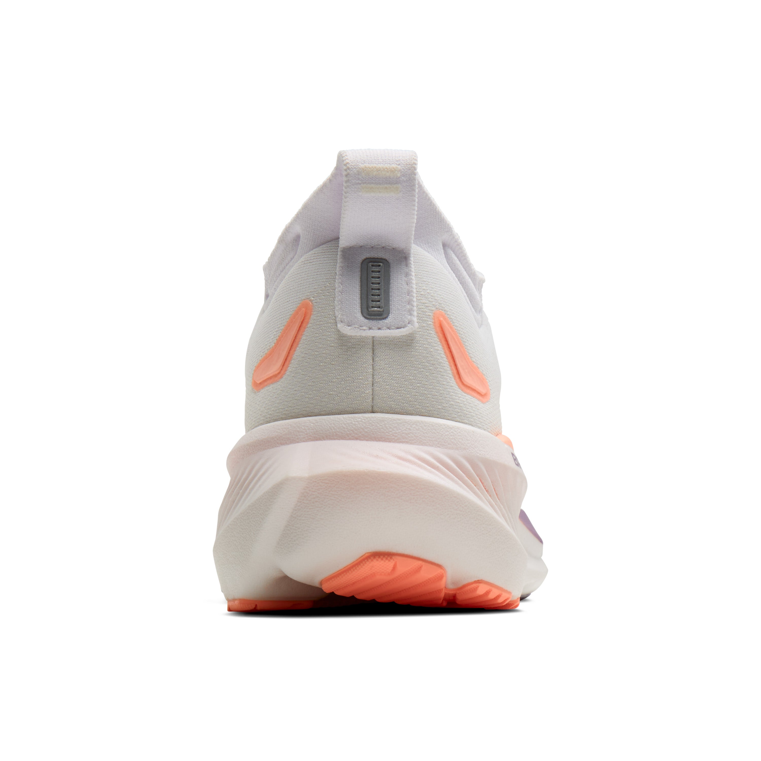 White athletic shoe with orange accents on a white background