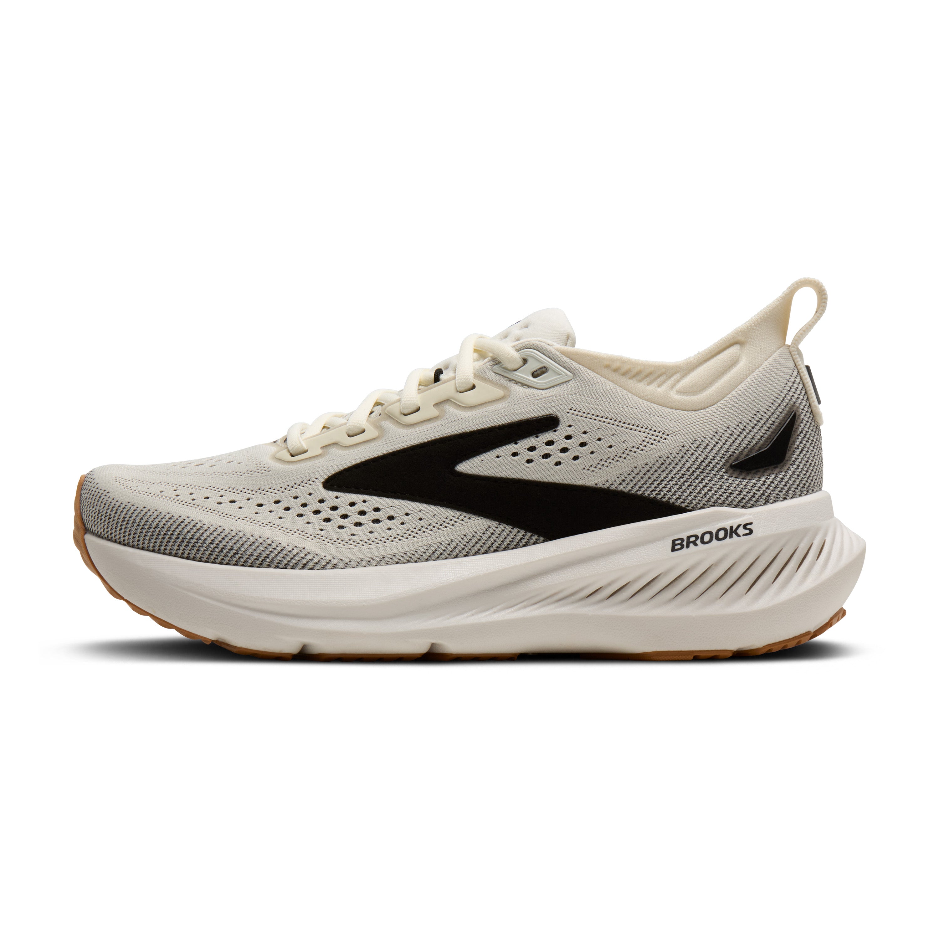 White running shoe with black logo on a white background