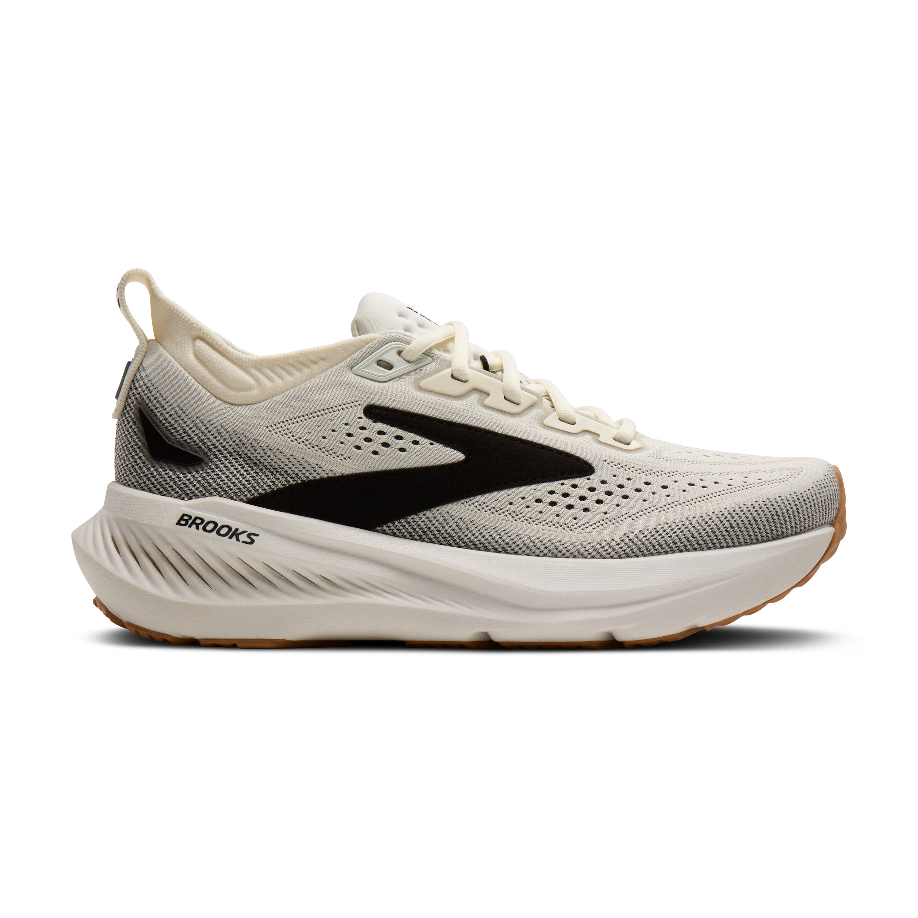 White running shoe with black accents on a white background