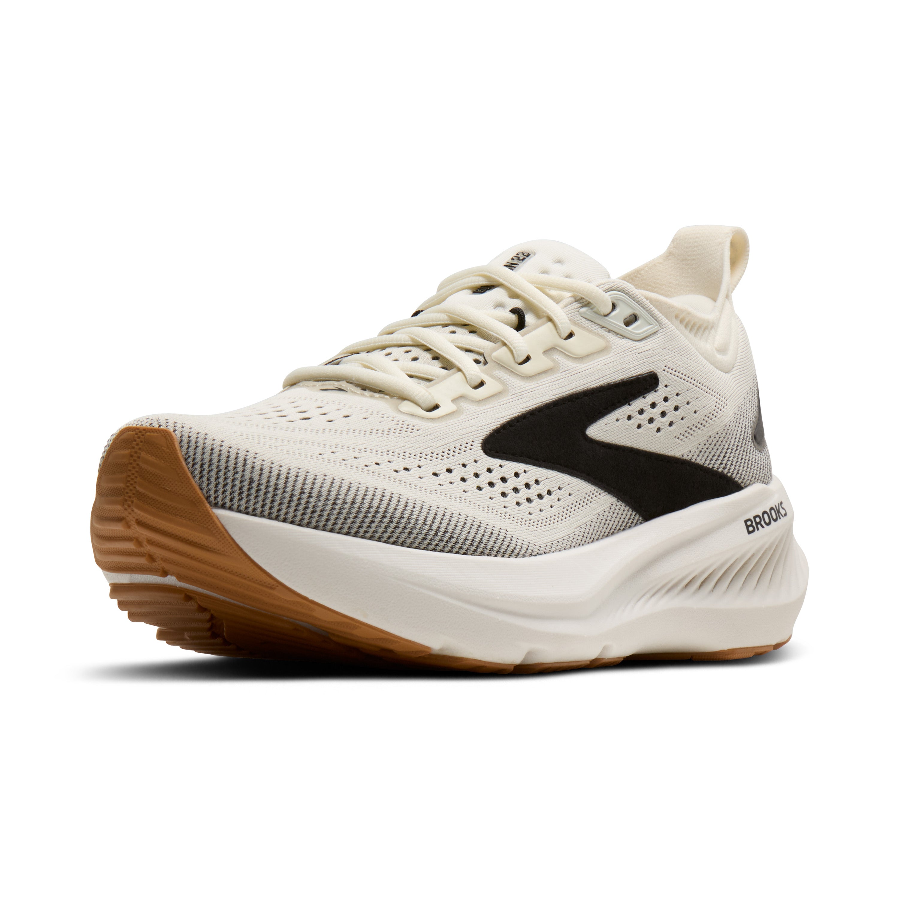 White running shoe with brown sole on a white background