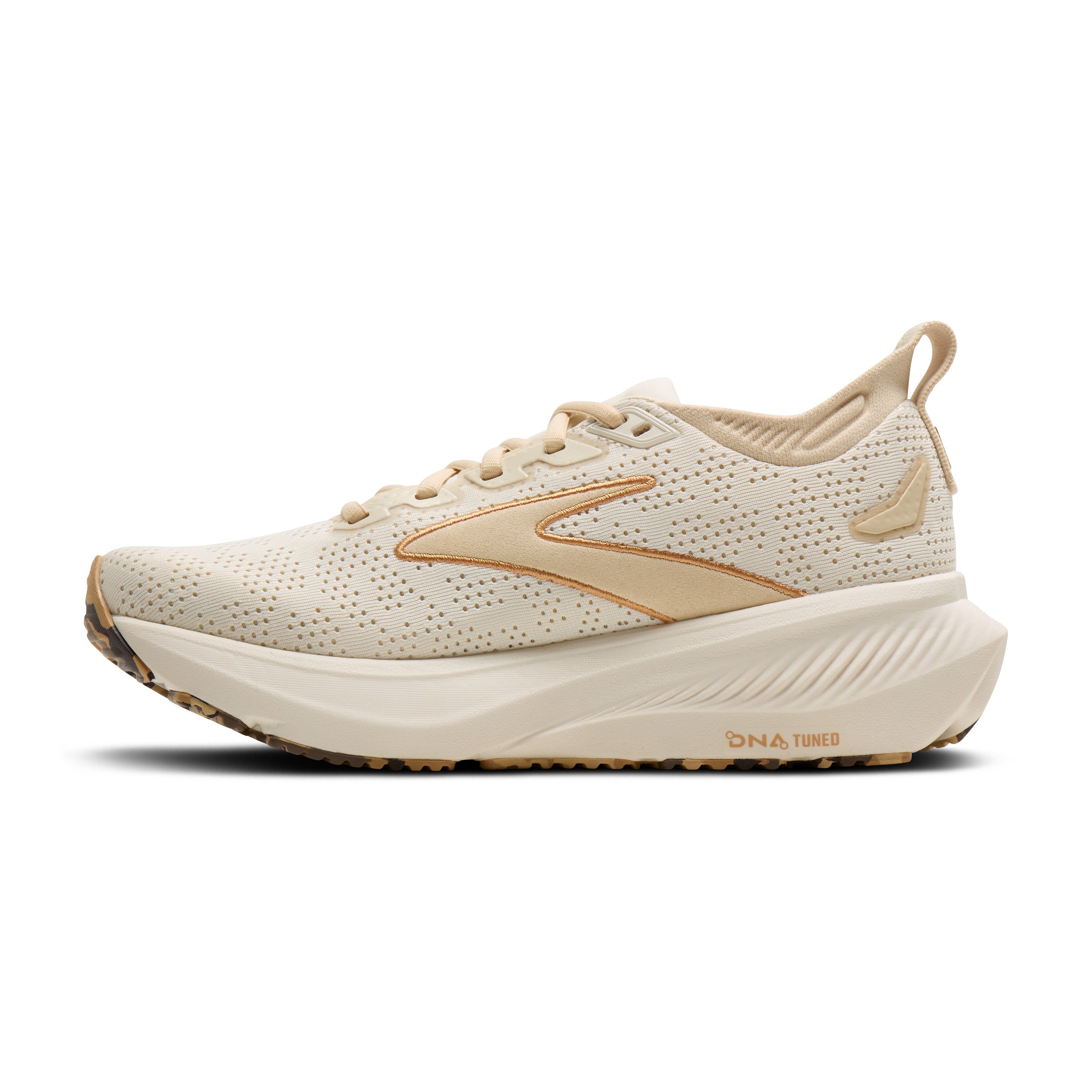 Beige running shoe with brand logo on a white background