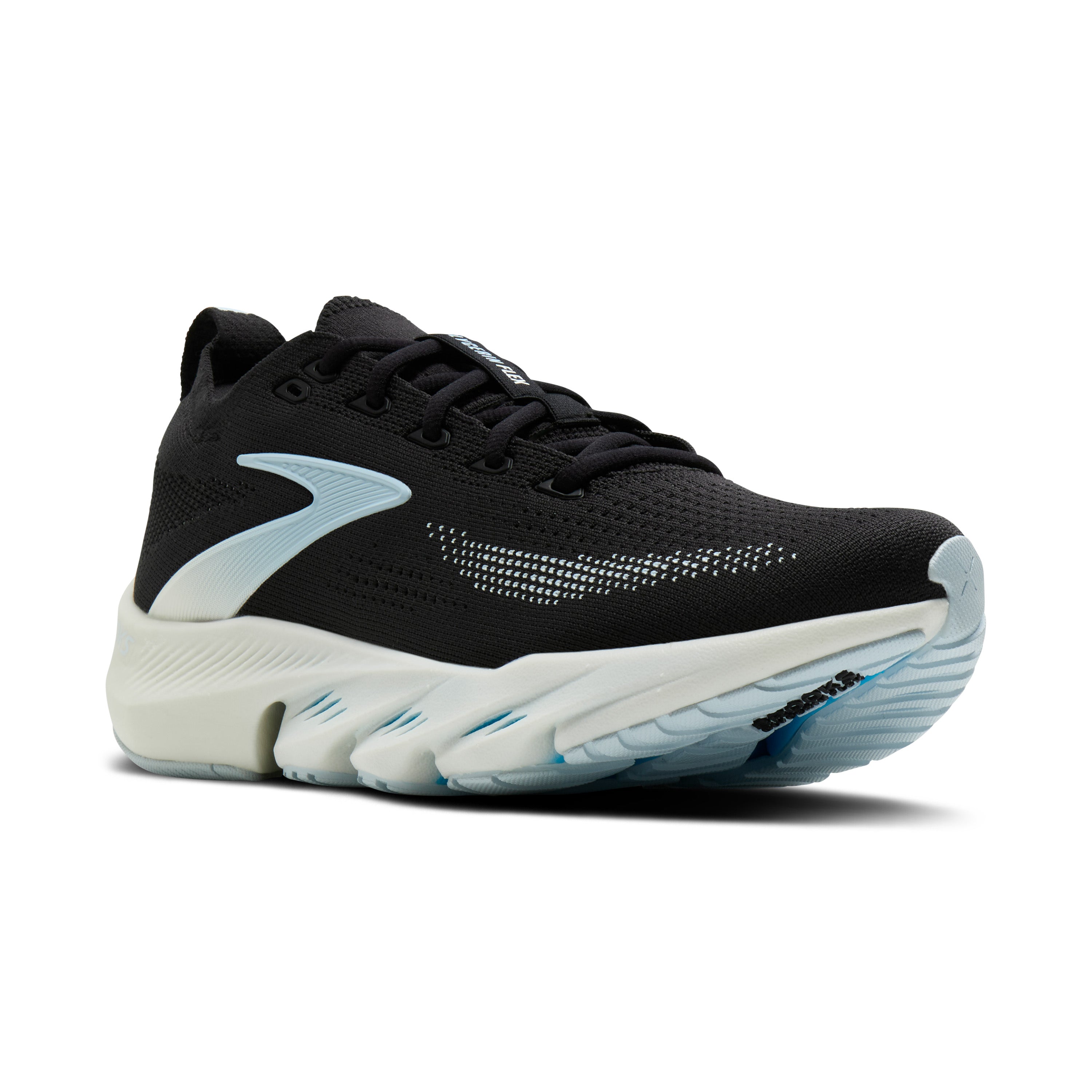 Black running shoe with white sole on a white background