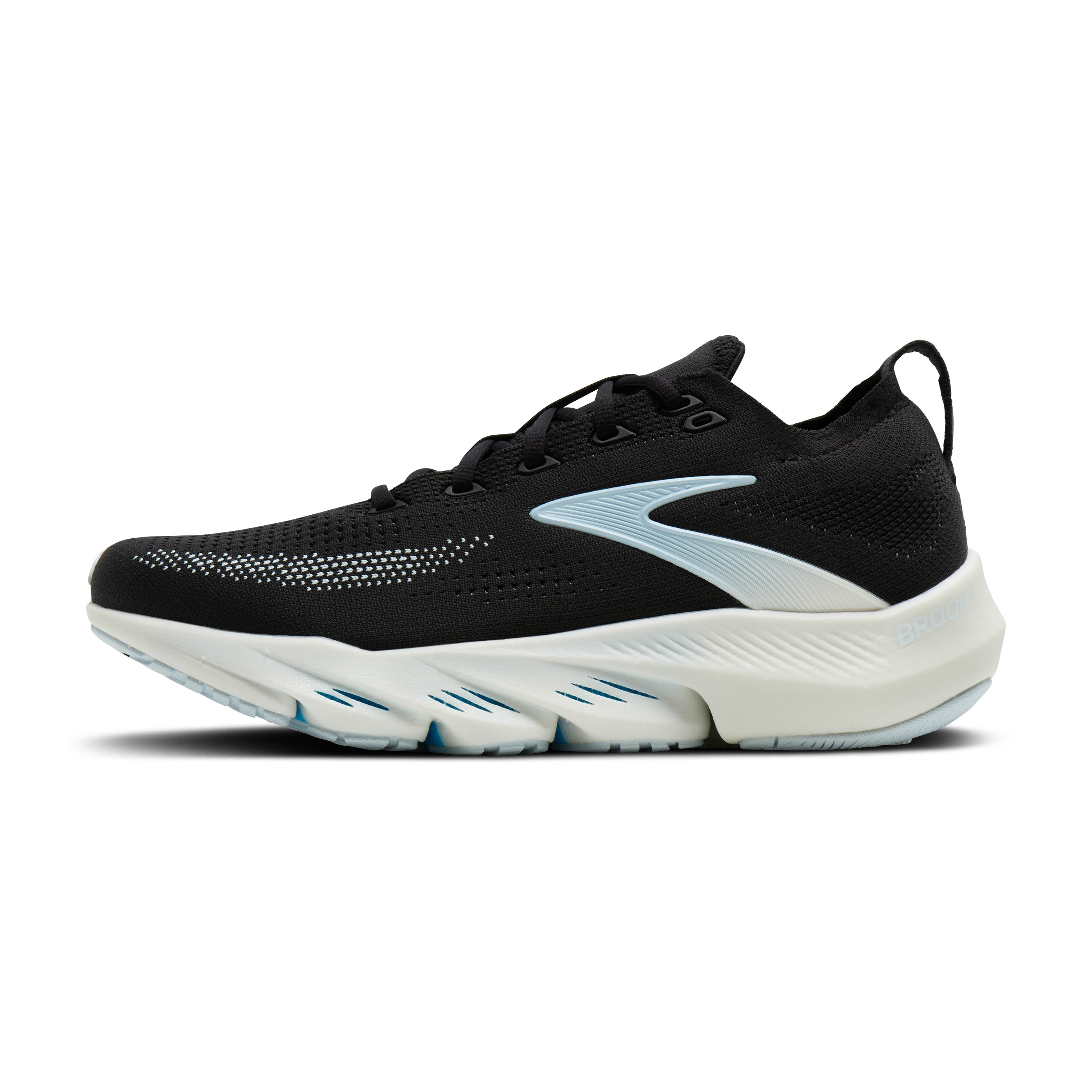 Black running shoe with white sole on a white background
