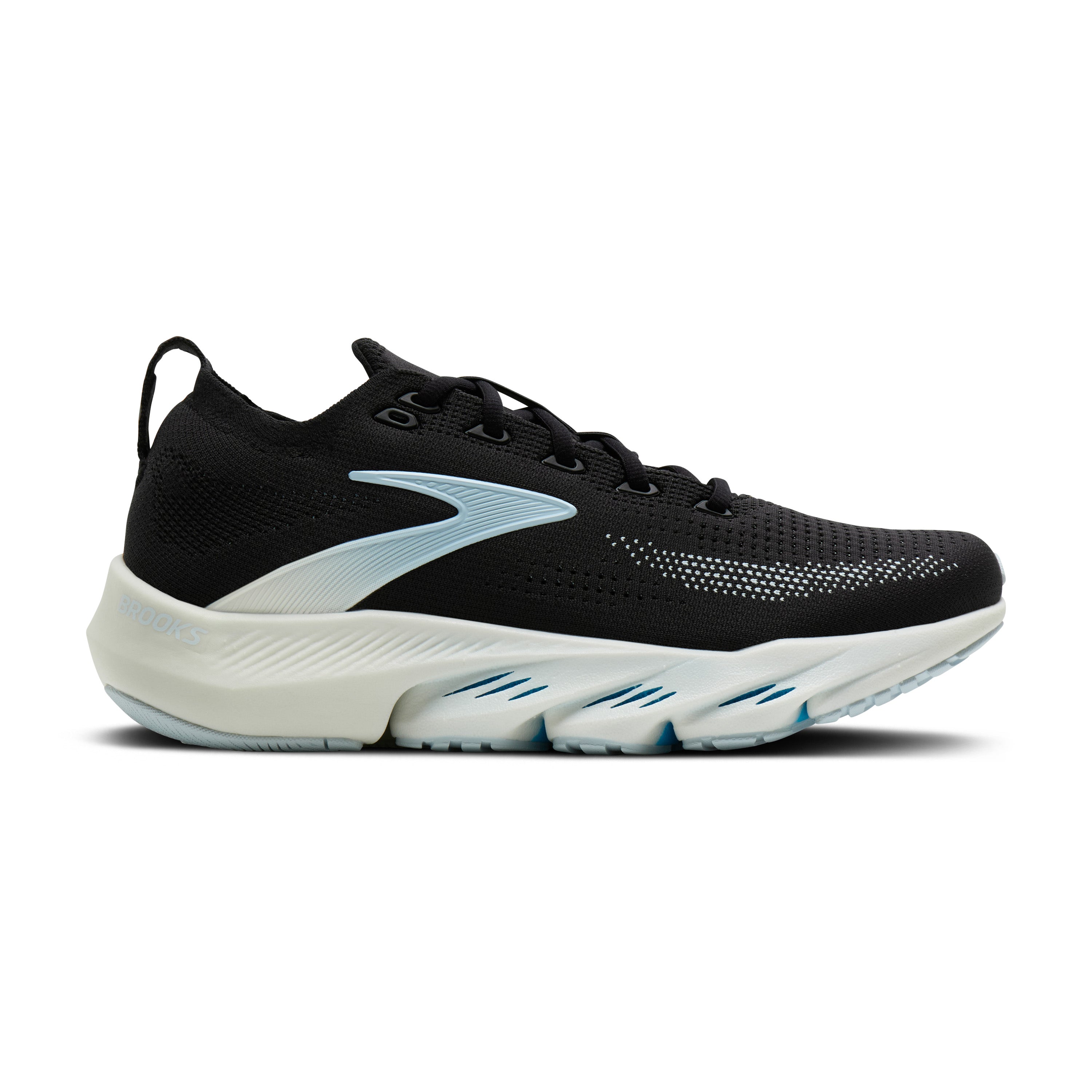 Black running shoe with white sole on a white background