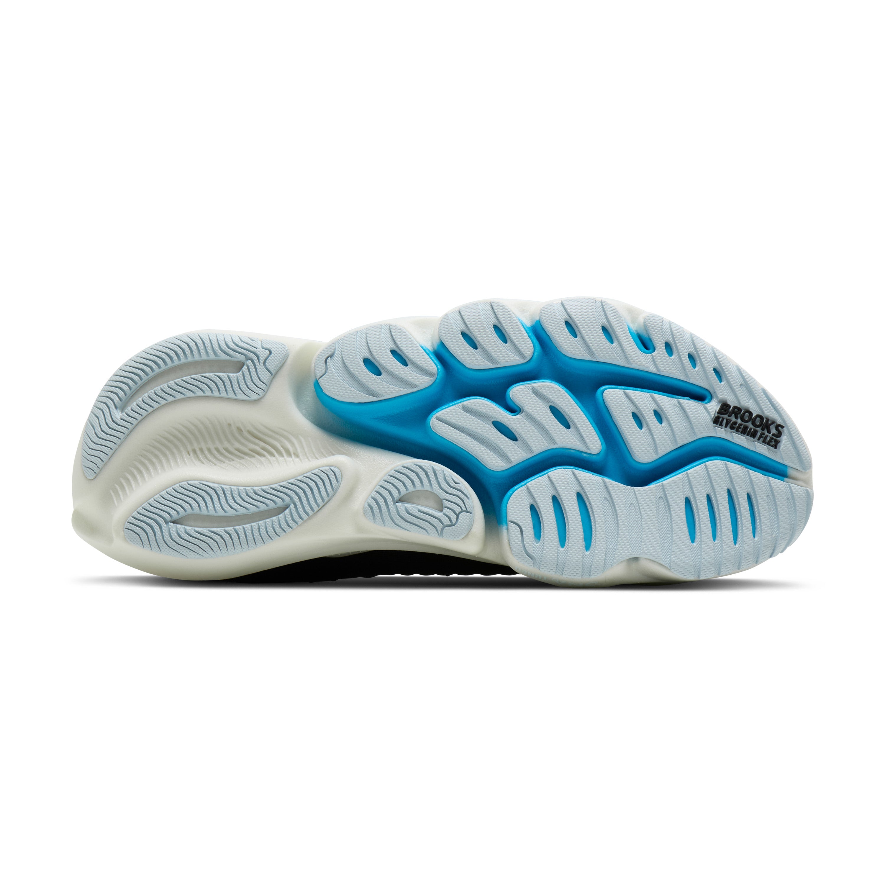 White and blue running shoe sole on a white background