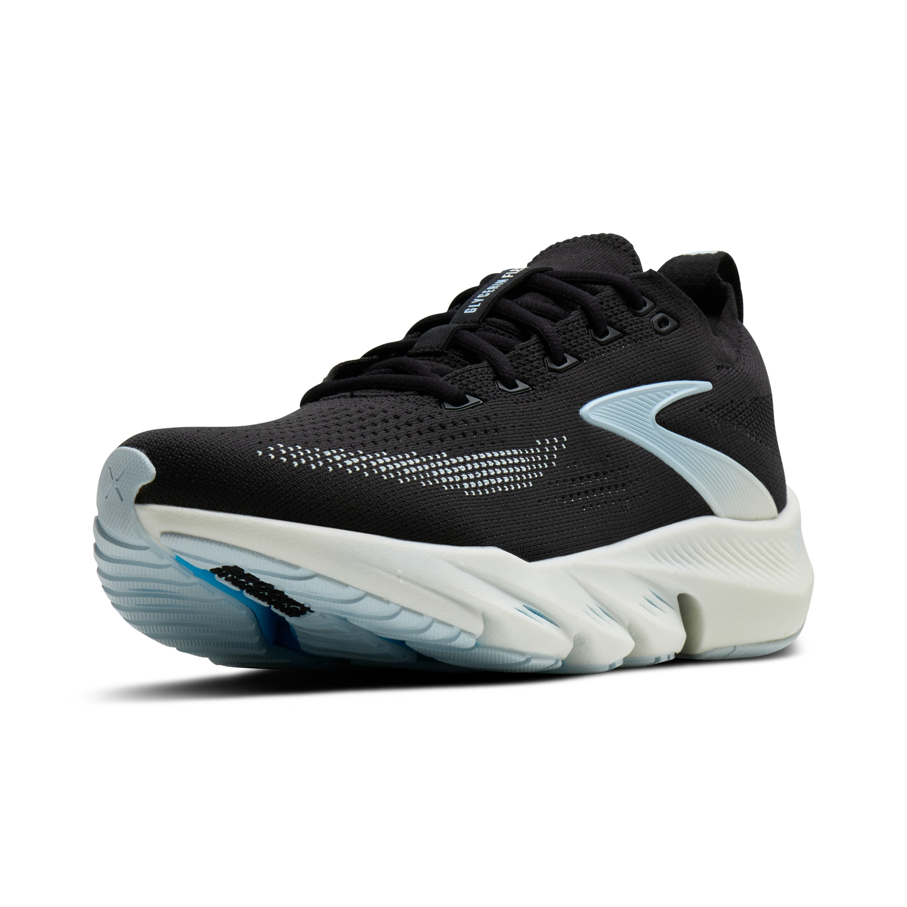 Black running shoe with white sole on a white background