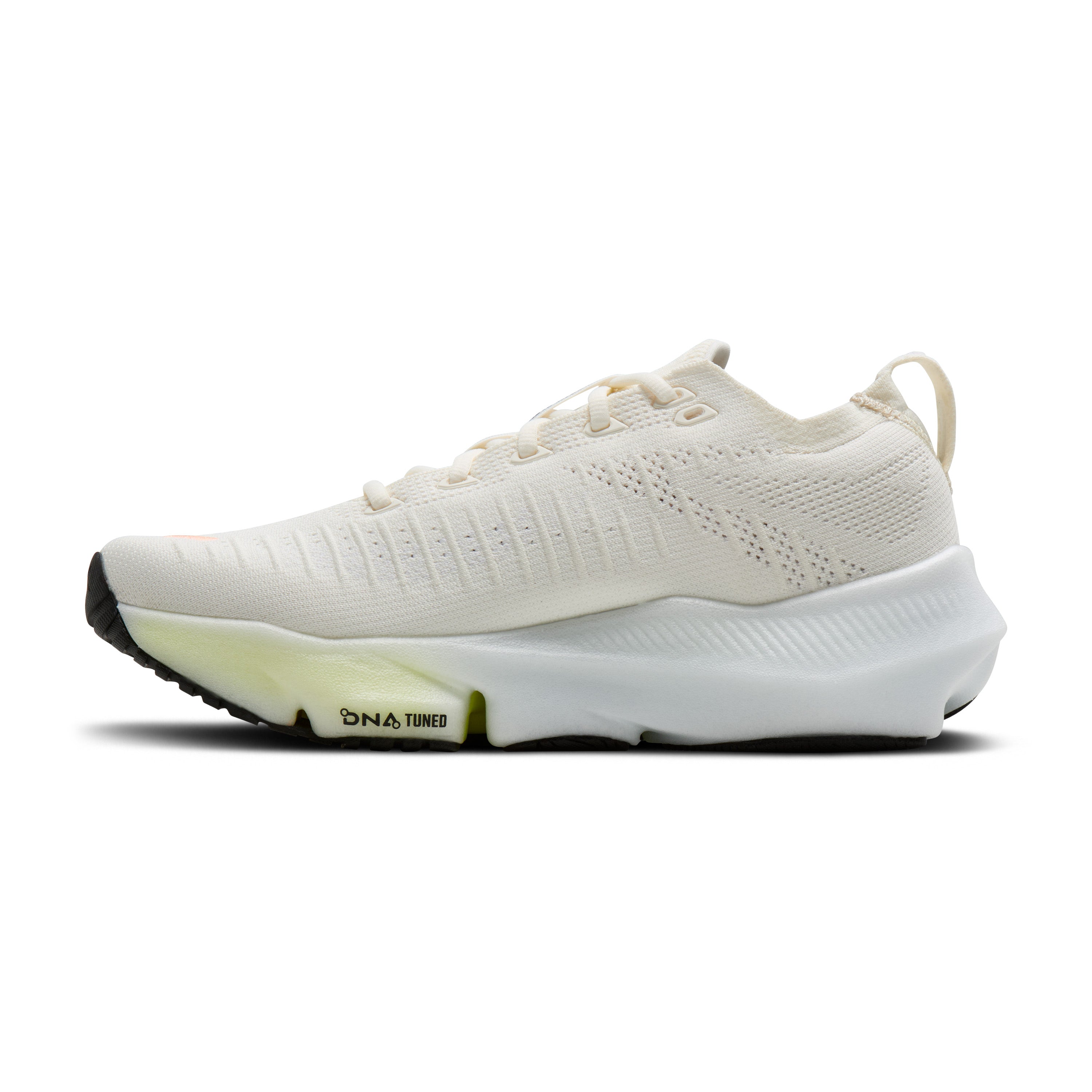 White running shoe with a sole label on a white background