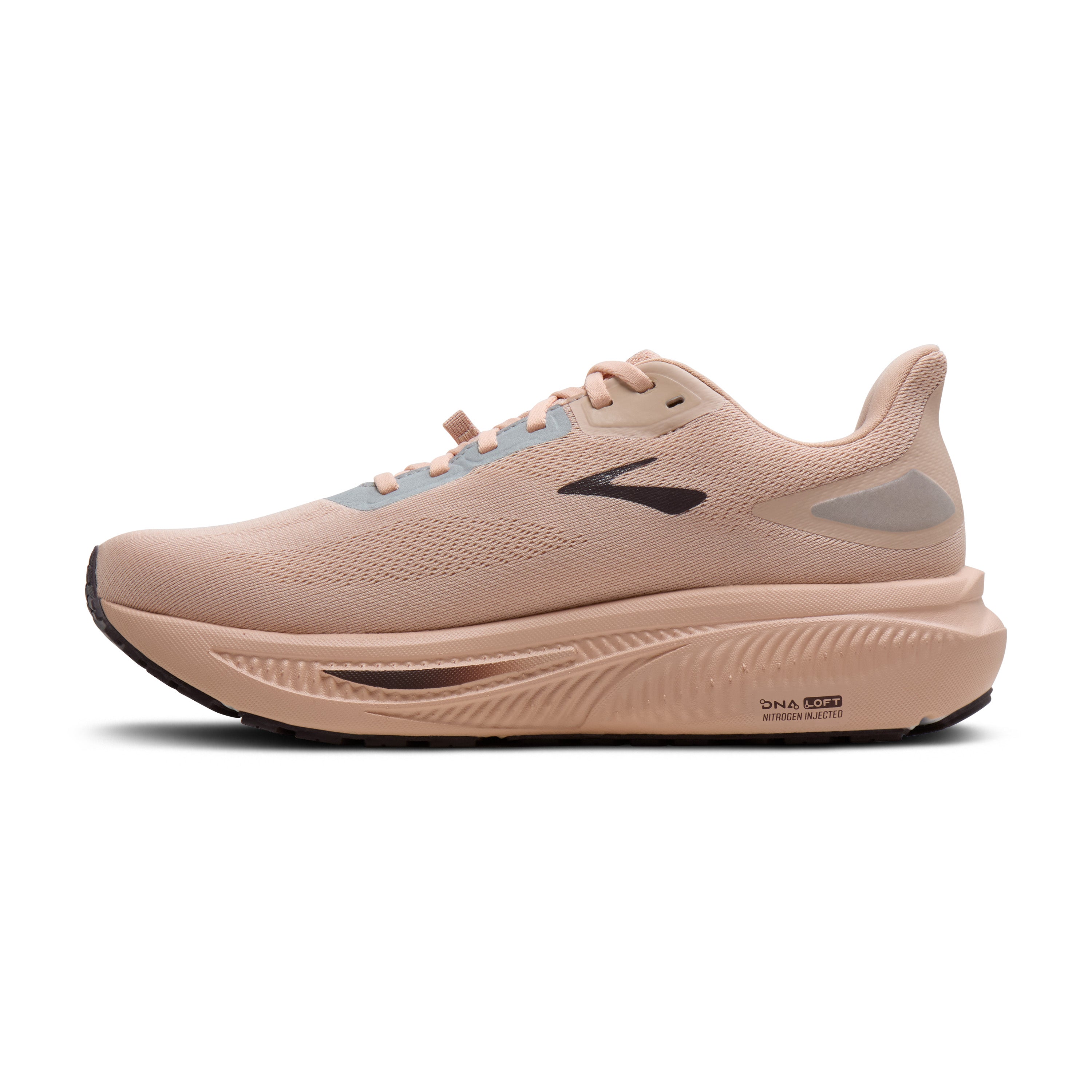 Beige running shoe with black logo on a white background