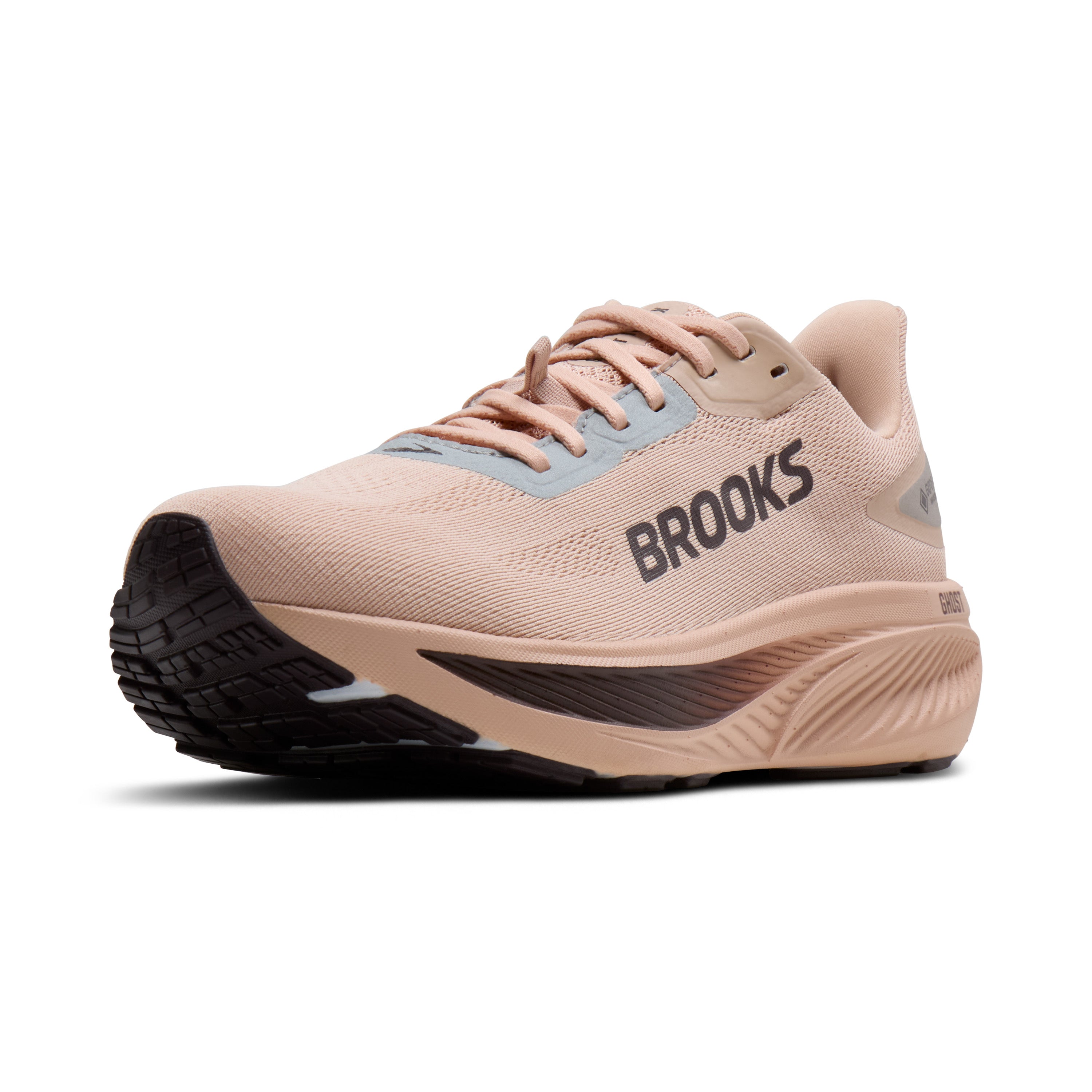 Pink running shoe with 'Brooks' branding on a white background