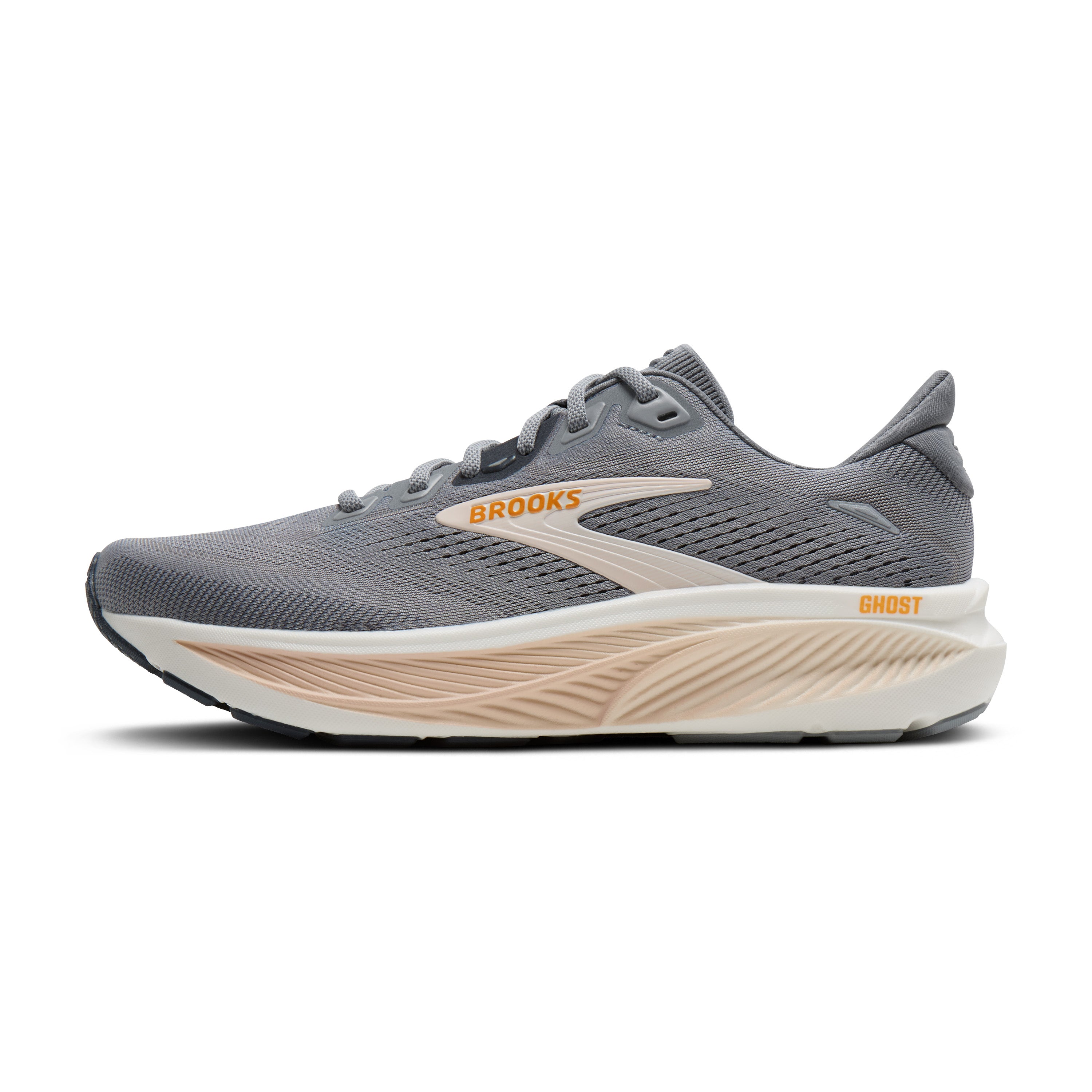 Gray running shoe with 'Brooks' branding on a white background
