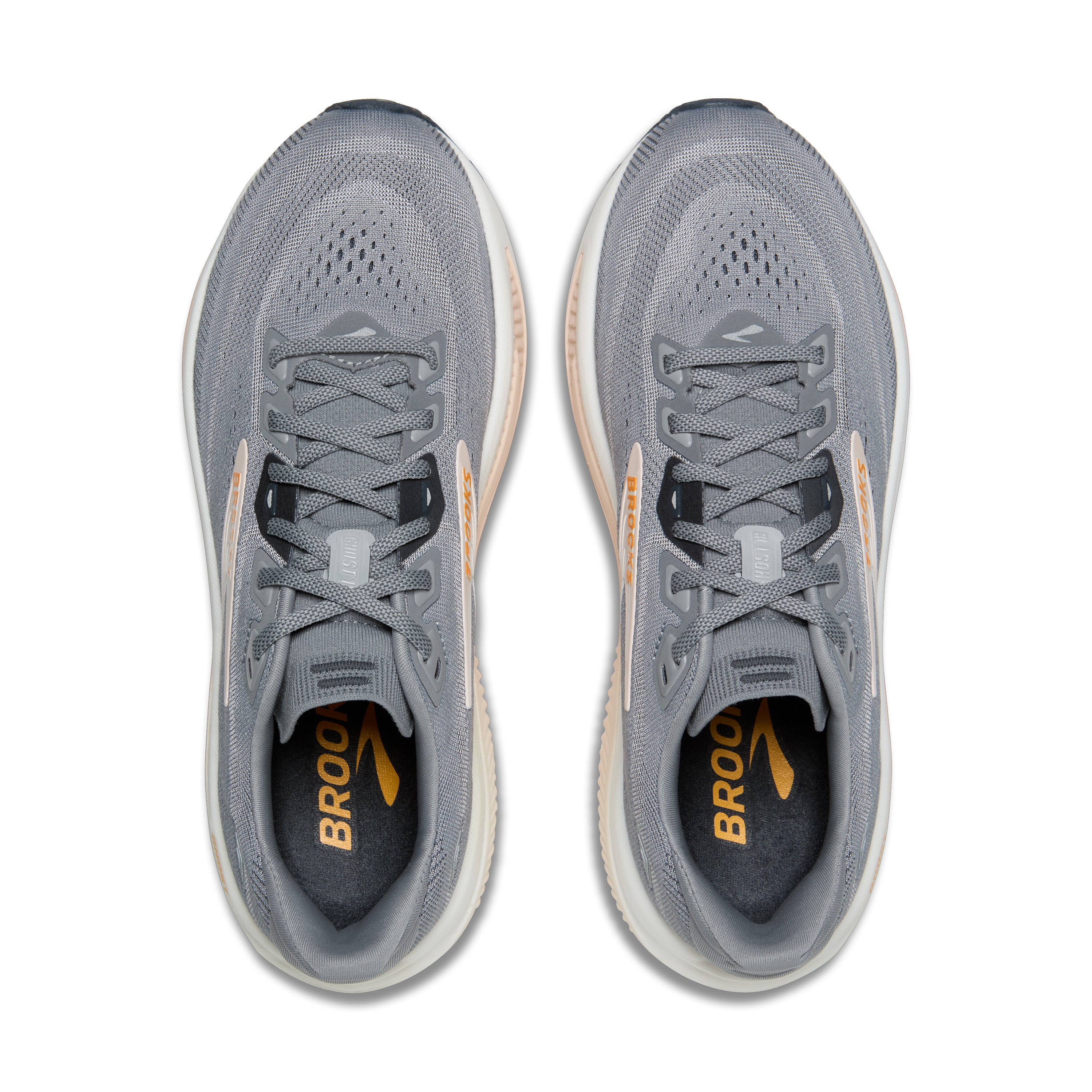 Gray running shoes with visible branding on a white background