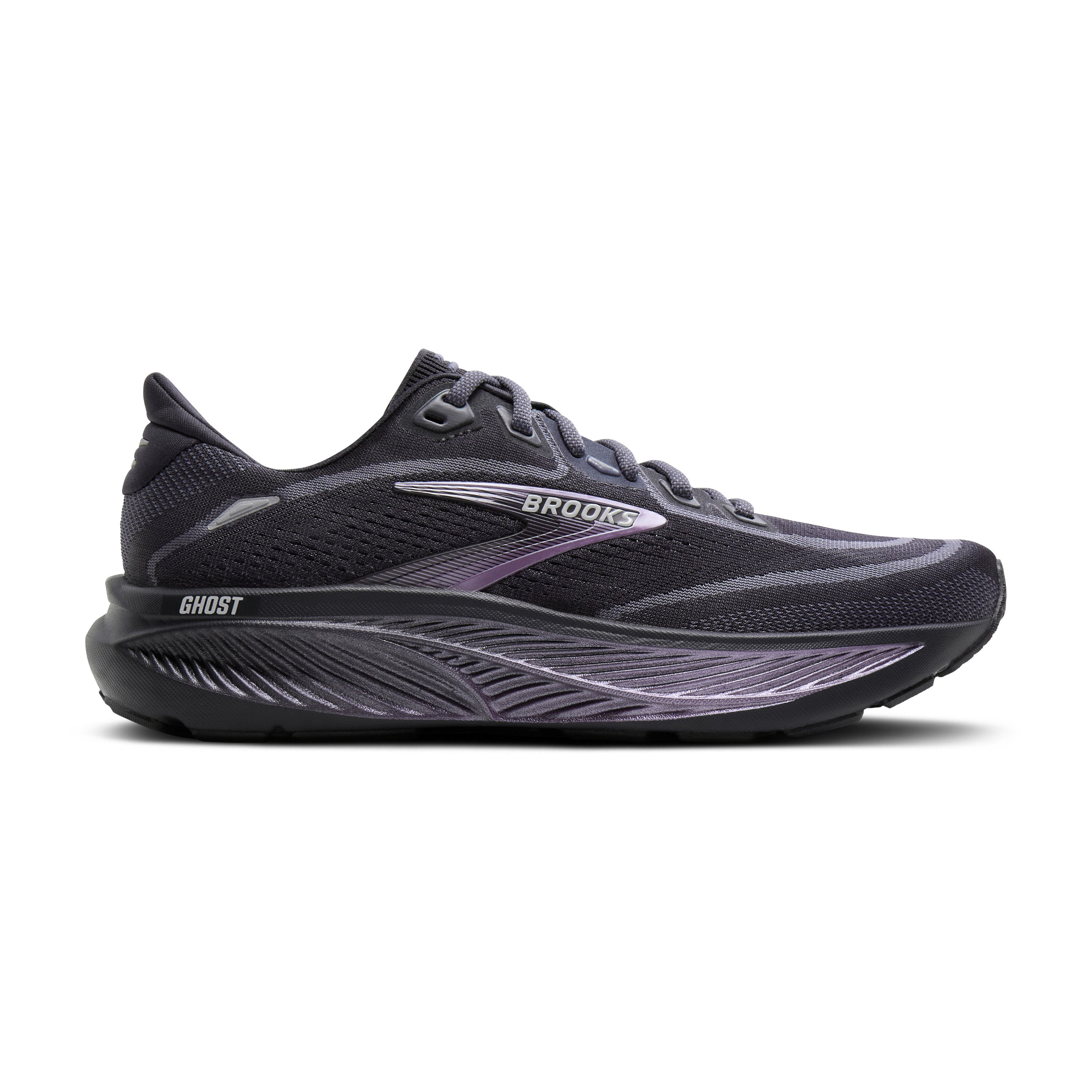 Black running shoe with purple accents on a white background