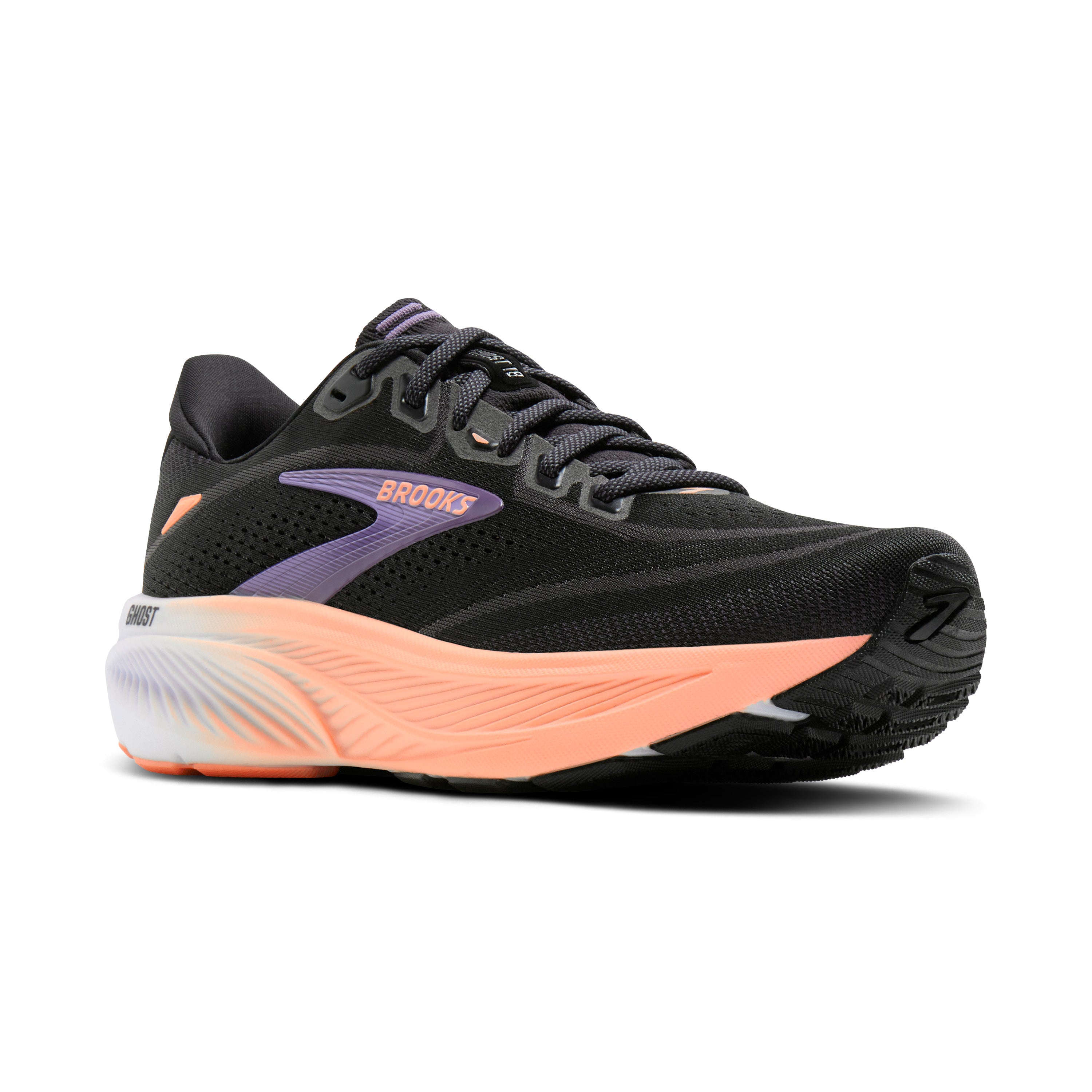 Black running shoe with pink sole on a white background