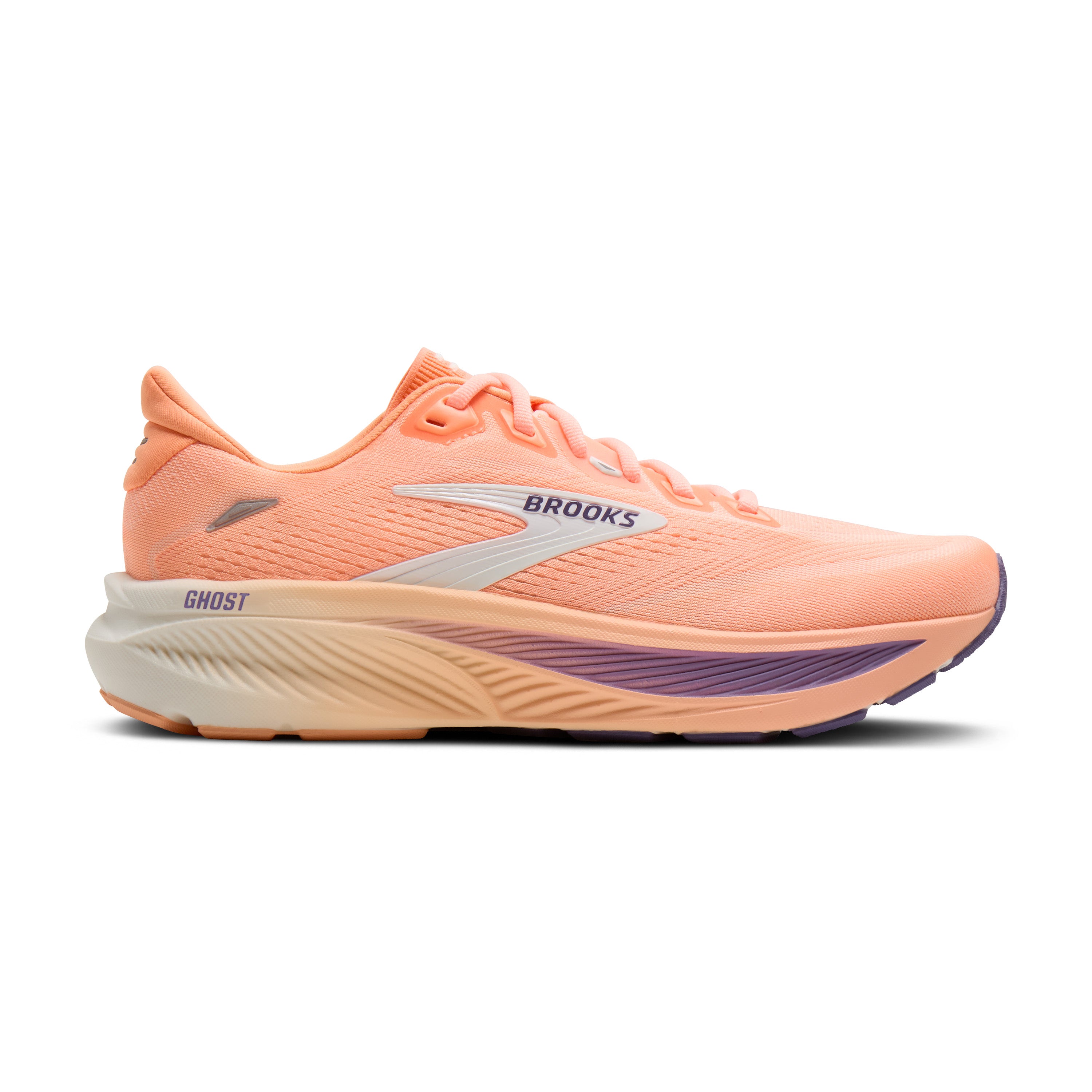 Peach-colored running shoe with 'Brooks' branding on a white background
